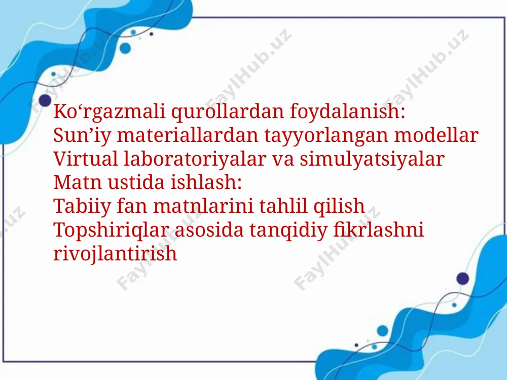 ahliliy yondashuv qobiliyatini rivojlantirish. ilmiy dunyoqarash va mantiqiy tafakkur shakllantirish. ijodiy izlanish va mustaqil o‘rganish ko‘nikmalarini shakllantirish. 3.2. tarbiyaviy ahamiyati tabiatni asrash va ekologik madaniyatni shakllantirish – bolalarda tabiatga nisbatan mas'uliyat hissini rivojlantirish. mehnatsevarlik va jamoaviy ishlash ko‘nikmalarini shakllantirish – laboratoriya ishlarida hamkorlik qilish orqali ijtimoiy faollikni oshirish. texnologik savodxonlikni oshirish – ilmiy tajribalardan foydalanish orqali texnologiyalarni to‘g‘ri ishlatish madaniyatini o‘rgatish. 4. tadqiqot metodlari tabiiy fanlar o‘qitish metodikasini o‘rganishda quyidagi ilmiy tadqiqot usullari qo‘llaniladi: 4.1. nazariy tadqiqot metodlari tahlil va sintez – mavjud metodikalarni o‘rganish va ularni yangi pedagogik yondashuvlar bilan uyg‘unlashtirish. taqqoslash va tipologiya – turli ta’lim tizimlarida tabiiy fanlarni o‘qitish metodlarini solishtirish. model yaratish – tabiiy jarayonlarni tushuntirish uchun sun’iy modellar ishlab chiqish. 4.2. amaliy tadqiqot metodlari pedagogik tajribalar – yangi o‘qitish metodlarini maktab sinflarida sinovdan o‘tkazish. so‘rov va intervyu usullari – o‘qituvchilar va o‘quvchilarning fikrlarini o‘rganish orqali samarali metodlarni aniqlash. didaktik o‘yinlar va interfaol usullarni sinovdan o‘tkazish …