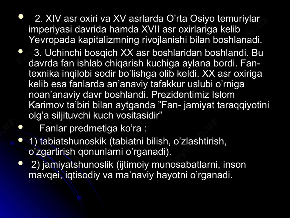 ida rivojlanadi; -fanga davlat rahbarlik qiladi; -fan ilmiy metodolofiya: falsafa fan bilan qurollangan bo’adi; -fan olimlari o’zaro yordam, jamoa rejasi asosida ishlashadi. tadqiqot soxasida esa: sotsiologiya strukturasida fanlar klassifikatsiyasining ikki yo’nalish bor: fundamental yo’nalish; amaliy yo’nalish. 1. nazariy tadqiqot 2.emprik tadqiqot bu soxalar bir-birlari bilan juda murakkab, o’zaro dialektik aloqadadirlar. ayrim hollarda bir-biriga qo’shilib ketadi, bazida bir-birlarini inkor qiladi. fundamental sotsiologiya boshqa elementlaridan o’zi hal qilayotgan muammolar darajasi, ko’lami, ahamiyati bilan farq qiladi. fundamental sotsiologiya abstraksiyaning (mavhumlik) oliy darajasi muammolari bilan shug’ullanib, sotsial olimning taraqqiyoti va borlig’i uchun zarur bo’lgan umumiy qonun va qonuniyatlarini izlash bilan faoliyat ko’rsatadi. fundamental sotsilogiya ko’plab maktab va yo’nalishga ega. fanning negizini ijodiy yaratishning 3 ta asosiy aspekti mavjud: fundamental sotsiologiyaning maqsadi- bu sotsial olamning taraqqiyot manbai hamda shakllarini aniqlashdir fundamental sotsiologiyaning asosiy maqsadlari quyidagilardan iborat: fan-texnika taraqqiyotining muhim qismi bo’lgan fundamental fan ilmiy rivojlanishini ta’minlashdan iborat. fan bilan ishlab chiqarish o’rtasida uzviy aloqa bog’lash, …