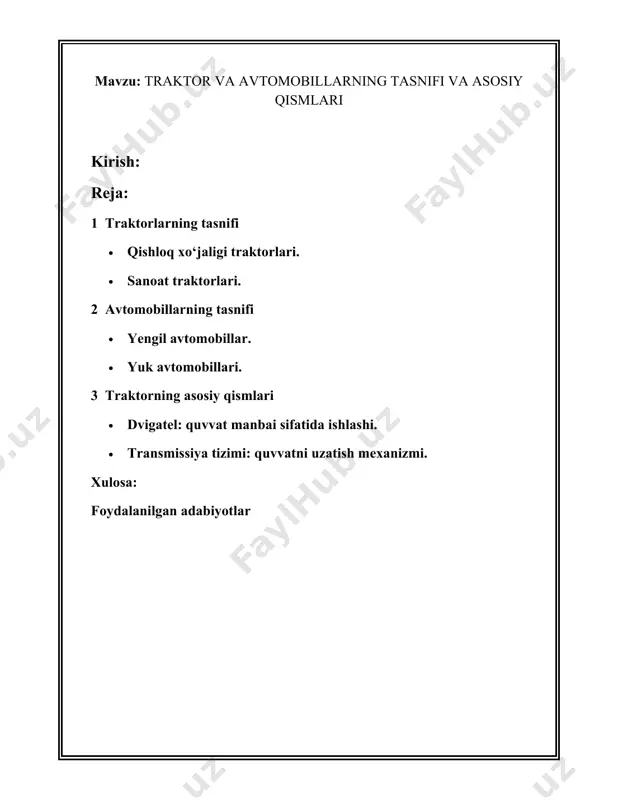 torlarning tasnifi traktorlar - bu sug'orish, yerga ishlov berish, yuk tashish va boshqa qishloq xo'jaligi va sanoat operatsiyalarida foydalaniladigan ko'p funktsiyali mashinalardir. traktorlarning tasnifi ularning turli xususiyatlari va foydalanish turlari bo'yicha amalga oshiriladi. quyida traktorlar tasnifi haqida ma'lumot: 1. **foydalanish turi bo‘yicha tasnifi**: - **qishloq xo‘jaligi traktorlari**: bu turdagi traktorlar asosan ekin maydonlariga ishlov berish, ekish, o‘rim-yig‘im ishlari uchun mo'ljallangan. masalan, john deere, fendt kabi brendlar. - **sanoat traktorlari**: tog‘-kon va qurilish sohalarida foydalaniladigan traktorlar. buldozer, ekskavator va yuklovchi mashinalar turi kiradi. - **kommunal xizmat traktorlar**: shahar va qishloq infratuzilmasini saqlashda foydalaniladigan traktorlar. asosan ko‘cha tozalash va obodonlashtirish ishlari uchun ishlatiladi. 2. **yurish qismi bo'yicha tasnifi**: - **g‘ildirakli traktorlar**: harakatlanishda g‘ildiraklardan foydalanadi va yuqori manevra qobiliyatiga ega bo‘lib, asosan fermalarda qo‘llaniladi. - **tııg‘alı traktorlar**: harakatlanishda tııg‘a tizimidan foydalaniladi. mashhur traktorlar toifasi bo‘lib, og‘ir yuk talab qilinadigan joylarda, masalan, tog‘ konlarida foydali. 3. **dvigatelining quvvati bo‘yicha tasnifi**: - **kam quvvati traktorlar**: …