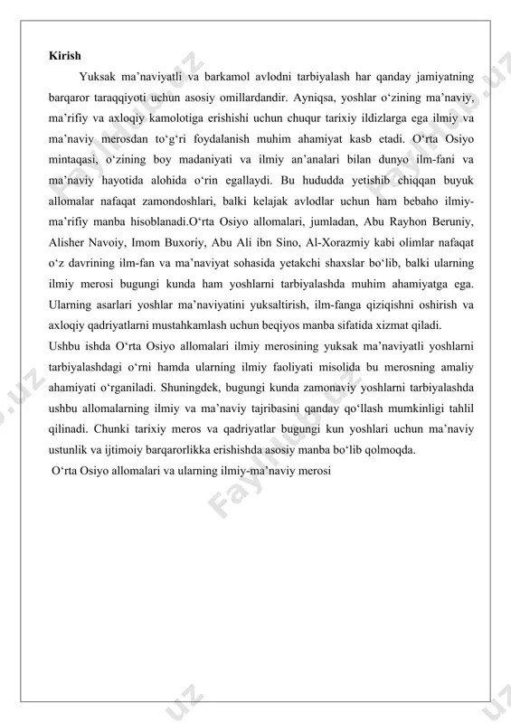 lomalari va ularning ilmiy-ma’naviy merosi ilm-fan, axloq va tarbiya masalalariga yondashuv o‘rta osiyo allomalari o‘z davrining eng muhim ilmiy va ma’naviy markazlarida faoliyat yuritib, insoniyat tafakkurining rivojlanishiga katta hissa qo‘shgan. ularning ilmiy va ma’naviy merosi nafaqat o‘z davri uchun, balki keyingi avlodlar uchun ham muhim ahamiyatga ega bo‘lib, bugungi kunda ham o‘z dolzarbligini yo‘qotmagan. bu allomalar o‘z ishlarida ilm-fan, axloq va tarbiyani bir-biriga uzviy bog‘liq sohalarga aylantirib, ularni inson kamolotining asosiy poydevori sifatida ko‘rganlar. o‘rta osiyo allomalari orasida abu nasr forobiy, al-xorazmiy, abu rayhon beruniy, ahmad farg‘oniy va ibn sino kabi shaxslar alohida o‘rin tutadi. ularning har biri o‘z sohasida chuqur iz qoldirgan bo‘lsa-da, umumiy maqsadlari insonni ma’naviy va aqliy jihatdan yuksaltirish, jamiyatda adolat va uyg‘unlikni ta’minlash edi. ilm-fan sohasida ular matematika, astronomiya, tibbiyot, falsafa va boshqa fanlarni rivojlantirgan bo‘lsalar, axloq va tarbiya masalalarida insonning o‘z-o‘zini anglashi, jamiyatdagi o‘rni va mas’uliyatini chuqur tahlil qilganlar.allomalar ilm-fanni faqat bilim olish vositasi sifatida …