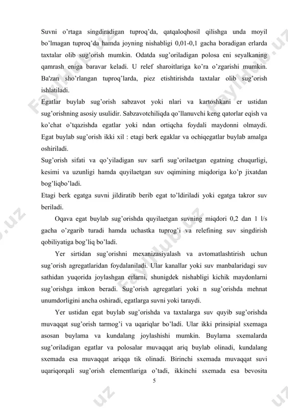 yer sirtidan sug’orishni mexanizasiyalash va avtomatlashtirish uchun sug’orish agregatlaridan foydalaniladi. ular kanallar yoki suv manbalaridagi suv sathidan yuqorida joylashgan erlarni, shunigdek nishabligi kichik maydonlarni sug’orishga imkon beradi. sug’orish agregatlari yoki n sug’orishda mehnat unumdorligini ancha oshiradi, egatlarga suvni yoki taraydi. yer ustidan egat buylab sug’orishda va taxtalarga suv quyib sug’orishda muvaqqat sug’orish tarmog’i va uqariqlar bo’ladi. ular ikki prinsipial sxemaga asosan buylama va kundalang joylashishi mumkin. buylama sxemalarda sug’oriladigan egatlar va polosalar muvaqqat ariq buylab olinadi, kundalang sxemada esa muvaqqat ariqqa tik olinadi. birinchi sxemada muvaqqat suvi uqariqorqali sug’orish elementlariga o’tadi, ikkinchi sxemada esa bevosita muvaqqat ariqdan, exud relef notyoki s bo’lsa, rostlovchi egatlardan o’tadi. nishabligi kichik (0,006) uchastkalarda buylama sxem , nishabligi 0,006 dan yuqori uchastkalarda esa kundalang sxema qabul qilinadi. sugorishda kollektor​zovur suvlaridan foydalanish sugoriladigan yerlarning tobora kengaya borishi bilan suv takchilligi kuchli sezilayotgan markaziy osiyoda koʼshimcha suv zaxiralari axtarish muxim vazifalardan biri xisoblanadi. shu boisdan kishlok xoʼjaligida …