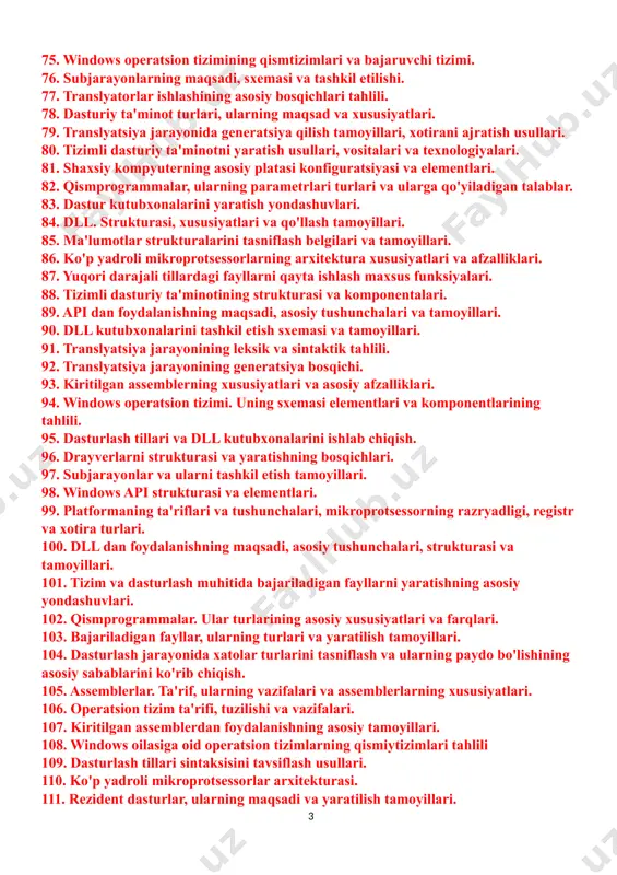 hilar va ularning asosiy vazifalari. 60. tizimli dasturchi dasturiy vositalari. 61. windows apiga kirish. asosiy tamoyillar. 62. dasturlash tillarini tasniflashning asosiy tamoyillari. 63. windows arxitekturasining foydalanuvchi rejimi komponentalari tahlili. 64. tizimli dasturlashning ta'rifi, tizimli dasturiy ta'minot va uning tarkibiy qismlari to'plami. 65. modul turlari va kutubxona yaratish tamoyillari. 66. xotiraning turlari va xususiyatlari, razryadlik va registrlar. 67. translyatorlarning ta'rifi, turlari va strukturalari. 68. overlay va rezident dasturlarning ta'riflari va tushunchalari, stek va kucha. 69. assemblerlardan foydalanishning maqsadi va afzalliklari. 70. ma'lumotlar turlari va strukturalarining zamonaviy kontseptsiyasi. 71. dasturiy ta'minotni ishlab chiqish va ularga xizmat ko'rsatishning case texnologiyalari. 72. kutubxonalar va bajariladigan fayllarni yaratish tamoyillari. 73. dastrulash tillari xususiyatlarining tahlili va ularni tasniflash usullari. 74. alq, registr, kesh, doimiy xotira, tezkor xotira va shinaning ta'rifi, xususiyatlari va maqsadi. 75. windows operatsion tizimining qismtizimlari va bajaruvchi tizimi. 76. subjarayonlarning maqsadi, sxemasi va tashkil etilishi. 77. translyatorlar ishlashining asosiy bosqichlari tahlili. 78. dasturiy …