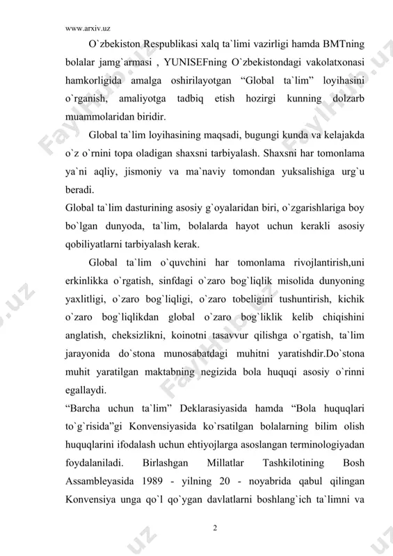 adi, xususan: · bolaning shaxsi, iste`dodi, aqliy va jismoniy qobiliyatlarini rivojlanlantirish; · inson huquqlari va asosiy erkinliklariga hurmatni rivojlantirish; · bolaning ota-onaga, uning madaniy o`ziga xosligi, tili va qadriyatlariga, bola yashayotgan mamlakatning qadriyatlariga, o`zinikidan farq qiladigan madaniy taraqqiyot darajasiga hurmat bilan qarashni tarbiyalash; · bolalarni erkin jamiyatda tinchlik, sabr-toqatli bo`lish, erkaklar va ayollarning tengligi hamda barcha xalqlar etnik, milliy va diniy guruhlar, shuningdek tub aholi orasidan bo`lgan shaxslar o`rtasida do`stlik ruhida tarbiyalash; · tabiyatga, atrof-muhitga hurmatni tarbiyalash. yuqoridagi maqsadlarga erishish uchun konvensiya davlatlarni “bolalarga turli milliy va xalqaro manbalardan ma`lumot va material olishga imkoniyat” ta`minlab berishga da`vat etadi (17-modda). bolaga do`stona munosabatdagi muhit yaratilgan sinfda quyidagilarga erishish muhim ahamiyat kasb etadi. · o`qituvchi yo`naltiruvchi – fasilitator sifatida o`quv jarayonini boshqaradi. darsliklar yagona manbaa emas. · darsliklar – o`quvchining bilimini rag`batlantirish vositalaridan biri. · ta`limning ijtimoiy yo`naltirilgan imkoniyatlari optimallashtirilgan. · ta`lim jarayoni ilg`or pedagogik texnologiyalarga asoslangan holda interfaol usullardan keng foydalanib …