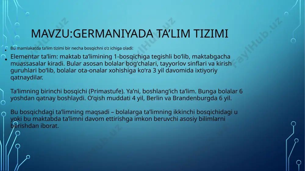 hlang'ich yoki boshlang'ich ta'lim germaniyada boshlang'ich ta'lim majburiy emas. ammo yoshi xnumx-xnumx yoshdan oshgan bolalar boshlang'ich ta'limni tanlaydilar. bolalar boshlang'ich ta'lim uchun bolalar bog'chasida yoki bolalar bog'chalarida bo'lishlari mumkin. ba'zi maktablar dam olish kunlari ham mavjud. bu individual bolalar bog'chalari maktablariga bog'liq. ammo, ushbu tashkilotlarning aksariyati hukumat tomonidan moliyalashtiriladi. ba'zi xususiy bolalar bog'chalari maktablarida yuqori narxlar mavjud. ushbu moliyalashtiriladigan ba'zi notijorat tashkilotlar cherkovlarni yoqtirishadi. ammo to'lov har xil tashkilotlarga qarab farq qilishi mumkin. odatda to'lovlar maktablar tomonidan ko'rsatiladigan xizmatlarga bog'liq. hukumat yoki cherkovga qarashli tashkilotlarning aksariyati juda kam haq to'laydilar. odatda, xususiy tashkilotlar odatda boshqalari bilan solishtirganda ko'proq haq oladi. germaniyada o‘rta ta’lim shunday qilib, boshlang'ich ta'limda o'quvchilar asosiy umumiy ma'lumot olishadi. o'quvchilar o'rta maktablarda o'qitiladigan akademik bilimlarni o'zlashtirishga tayyor bo'ldilar. o'rta darajadagi ikkita maktab turi “happtschule ” va "realschule". happtschule ma'nosi bosh maktab ingliz tilida. gaptschule gimnaziyaga ega va o'rta ta'lim uchun bepul. gimnaziya to'qqiz yillik tayyorgarlik maktabidir. hauptschule …