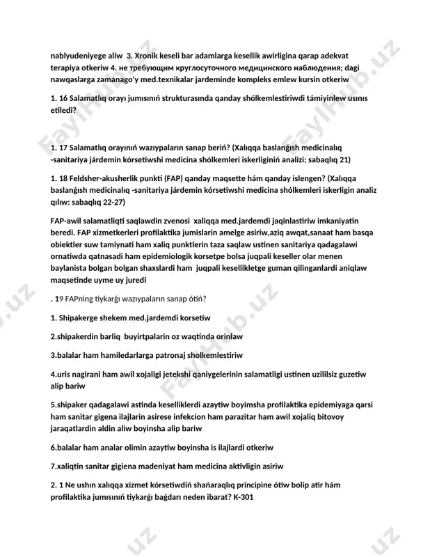 qlıq 21) 1. 18 feldsher-akusherlik punkti (fap) qanday maqsette hám qanday islengen? (xalıqqa baslanǵısh medicinalıq -sanitariya járdemin kórsetiwshi medicina shólkemleri iskerligin analiz qılıw: sabaqlıq 22-27) fap-awil salamatliqti saqlawdin zvenosi xaliqqa med.jardemdi jaqinlastiriw imkaniyatin beredi. fap xizmetkerleri profilaktika jumislarin amelge asiriw,aziq awqat,sanaat ham basqa obiektler suw tamiynati ham xaliq punktlerin taza saqlaw ustinen sanitariya qadagalawi ornatiwda qatnasadi ham epidemiologik korsetpe bolsa juqpali keseller olar menen baylanista bolgan bolgan shaxslardi ham juqpali kesellikletge guman qilinganlardi aniqlaw maqsetinde uyme uy juredi . 19 fapning tiykarǵı wazıypaların sanap ótiń? 1. shipakerge shekem med.jardemdi korsetiw 2.shipakerdin barliq buyirtpalarin oz waqtinda orinlaw 3.balalar ham hamiledarlarga patronaj sholkemlestiriw 4.uris nagirani ham awil xojaligi jetekshi qaniygelerinin salamatligi ustinen uzililsiz guzetiw alip bariw 5.shipaker qadagalawi astinda keselliklerdi azaytiw boyimsha profilaktika epidemiyaga qarsi ham sanitar gigena ilajlarin asirese infekcion ham parazitar ham awil xojaliq bitovoy jaraqatlardin aldin aliw boyinsha alip bariw 6.balalar ham analar olimin azaytiw boyinsha is ilajlardi otkeriw …