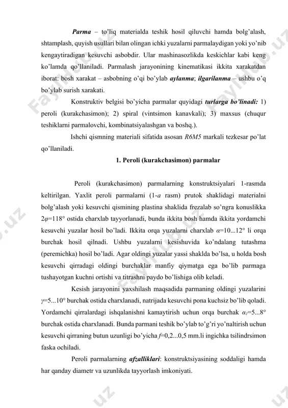 vchi qirraning butun uzunligi bo’yicha f=0,2...0,5 mm.li ingichka tsilindrsimon faska ochiladi. peroli parmalarning afzalliklari: konstruktsiyasining soddaligi hamda har qanday diametr va uzunlikda tayyorlash imkoniyati. kamchiliklari: 1) hosil bo’lgan qirindini chiqarib tashlashning qiyinligi; 2) kesuvchi qismning bikrligini pastligi sababli titrashga moyilligi; 3) qayta charxlash uchun zahirani ozligi; 4) surishning kichikligi va qirindini chiqarib tashlash uchun parmani davriy ravishda yuqoriga ko’tarilishi sababli ish unumdorligining pastligi. 1-rasm. peroli (kurakchasimon) parmalar: a – yaxlit; b – pog’onali teshiklarni parmalash uchun; v – ichki bosim bilan sovutish usulli yig’ma 1-b va v rasmlarda peroli parmalarni takomillashtirish usullari keltirilgan. 1-b rasmdagi konstruktsiyani uncha chuqur bo’lmagan pog’onali teshiklarga avtomat dastgohlarda ishlov berishda qo’llaniladi. bunda operatsiyalarning va asboblarning soni kamayadi. 1-v rasmdagi konstruktsiyada almashuvchi kesuvchi plastinali peroli parma ko’rsatilgan. qirindini chiqib ketishini yaxshilash maqsadida uni kengligi bo’yicha orqa yuzalarda qirindi maydalovchi kanavkalar bajarilgan. patron va asbob sterjenining ichidagi teshik orqali kesish zonasiga sovituvchi suyuqlik uzatiladi. bunday parmalar rdb …