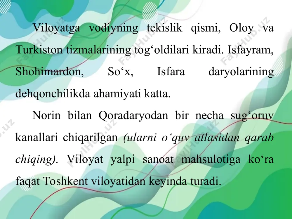 gi, to‘qimachilik mashinasozligi zavodlari respublikadagi yirik korxonalardandir. shahar uzoq vaqt qo‘qon xonligi poytaxti bo‘lgan. u viloyatdagi asosiy madaniyat markazlaridan biridir. quvasoy 1954-yilda ishchi shaharchasi o‘rnida barpo etilgan. shahar yaqinidagi ohak, mergel, gips va gil boyliklari negizida u qurilish materiallari ishlab chiqaradigan sanoat markaziga aylandi. endilikda sement, shifer, ohak hamda g‘isht zavodlaridan iborat kombinat ishlab turibdi. mazkur kombinat respublikada ishlab chiqariladigan sementning salmoqli qismini bermoqda. quvasoy chinni zavodida kosa, piyola, choynak, lagan va boshqa idishlar ishlab chiqarish yildan yilga ortmoqda. rishton – kulolchilik buyumlari ishlab chiqaradigan markaz. bundagi kulolchilik artellari birlashtirilib, kombinatga aylantirilgan. hozir kombinatda 20 xildan ortiq buyum ishlab chiqarilmoqda.