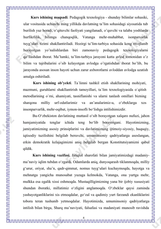 a fidokorona mehnat qilishga yo‘naltirilgan huquqiy madaniyatni yuksaltirish hayotiy zaruriyatdir. 1 karimov i.a. o‘zbekiston; milliy istiqlol, iqtisod, siyosat, mafkura.-j.1. t.: o‘zbekiston, 1996, 362-bet i bob. pedagogik texnologiya pedagogikaning mustaqil soxasi sifatida 1.1. pedagogik texnologiya fan sifatida, uning asosiy kategoriyalari, metodologik asoslari va o`ziga xos jixatlari pedagogik texnologiya pedagogikaning mustaqil soxasi sifatida pedagogik texnologiya pedagogikaning mustaqil soxasi sifatida xix-asrning 2-yarmida rivojlandi va fanga kirib keldi. pedagogika fani differensiyalash jarayonida pedagogika fani tarkibidan alohida yo‘nalish, mustaqil fan bo‘lib ajralib chiqdi. pedagogik texnologiya fani hozirda pedagogikaning mustaqil sohasi sifatida otm.larida o‘qitilib kelinadi. pedagogik texnologiya fanining asosiy maqsadi-yosh avlodda mazkur fan orqali bkmlarni shakllantirish, ta’lim-tarbiya jarayonini yuksak mahorat va san’at bilan boshqaraolishdir. pedagogik texnologiya ta’lim-tarbiya jarayonini yuksak mahorat san’at bilan boshqarishdir. pedagogik texnologiya-texnologiyaga nisbatan tor tushuncha bo‘lib-unda faqat ta’lim-tarbiyaning nazariy va amaliy asoslarini mahorat, san`at bilan o‘rganish.pedagogik texnologiyalar pedagogik jarayonning ijtimoiy maqsadga yo‘naltirilgan usul, shakl va uyushmalar yigindisiga asoslangan loyihadir. shuningdek, pedagogik texnologiyalar-pedagogik jarayonni …