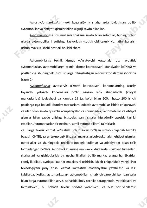 rga, joylashishi mumkin. avtomobillarga texnik xizmat kо‘rsatuvchi stansiyalar (atxks). avtoservis xizmatini bajaruvchi asosiy va eng kо‘p tarqalgan korxonalaridir. zamonaviy atxkslari yangi va ishlatilgan avtomobillar, ehtiyot qismlar va avtomobil materiallari bilan savdo qilish, avtomobillarga turli xildagi texnik xizmatlar kо‘rsatish, agregatlar, detallarni ta’mirlash, ishdan chiqqanlarini almashtirish, avtoavariyalar natijasida shikastlangan avtomobillar va ular kuzovlarining ishlash qobiliyatini tiklash ishlari bilan shu\ullanadilar. shuningdek, mijozlar avtomobillarga, ularning murojatlariga asosan kо‘chalarda, yо‘llarda , avtomobillar turar va saqlash joylarida texnik yordam kо‘rsatish, mijozlarga avtomobilni texnik ekspluatatsiya qilish tо‘\risida konsultatsiya, maslaxat berish, ularni avtoservis axboroti bilan ta’minlash kabi xizmatlar ham atxks vazifalariga kiradi. 2. avtomobillarga tx kо‘rsatuvchi korxonalarning turlari. atxkslari о‘zlarining ishlab chiqarish faoliyati, quvvati, bajarayotgan xizmat turlari va ma’muriy-tashkiliy tuzilishlariga qarab bir necha turlarga bо‘linadi (rasm 3). odatda shahar stansiyalarida kо‘rsatiladigan xizmat turlari xilma -xilroq, bajariladigan ishlarning hajmi kattaroq bо‘lishi mumkin va shuningdek, bu stansiyalardan foydalanuvchi avtomobillarni tarkibi bir muncha barqaror bо‘ladi, ya’ni stansiyalar bir qadar doimiy mijozlarga …