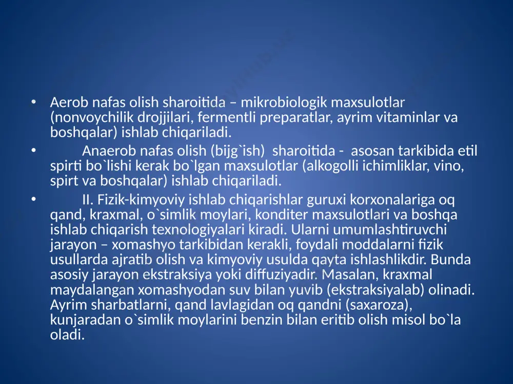 `rish mumkin. ikkinchi gurux ishlab chiqarishlarda xomashyodan ozuqaviy axamiyatga ega bo`lgan muxim, foydali moddalarni ajratib olishning turli usullari ichida keng tarqalgani bu ekstraksiya va presslash usullaridir. oziq-ovqat sanoatida ektraksiya jarayonlariga qand lavlagisidan qandni; olma siqmalaridan pektin moddalarini; vinochilikda uzum siqmalaridan vino buketiga kiruvchi vino kislotasining tuzlari va qandni; farmatsevtikada dastlabki zamburug`li xomashyodan fermentli preparatlarni; yog`-moy sanoatida kunjaradan ekstraksiya moyini ajratish kabi texnologiyalarni misol qilish mumkin. ekstraksiya usuli iqtisodiy samarali bo`lsa, presslab ajratib olingan maxsulotlar ancha sifatli hisoblanadi. shuning uchun ikkala usuldan ketma-ket foydalanish samaralidir. ekstraksiya bu turli moddalardan tashkil topgan murakkab aralashmadan tanlovchanlik xususiyatiga ega bo`lgan erituvchi yordamida bir yoki bir nechta moddani eritib, ajratib olish tushiniladi. xomashyo tarkibidagi xujayradan eruvchan moddalarni ajratib olish ikki bosqichli jarayonda boradi. birinchi bosqichda erituvchi xomashyo to`qimasiga diffuziyalansa, ikkinchi bosqichda erituvchiga xomashyodan modda uzatish amalga oshadi. fik ta`riflagan molekulyar diffuziyaning asosiy qonuni ekstraksiyalanayotgan moda miqdori va jarayonning asosiy parametrlari (ko`rsatkichlari) orasidagi bog`liqlikni belgilaydi: dg …