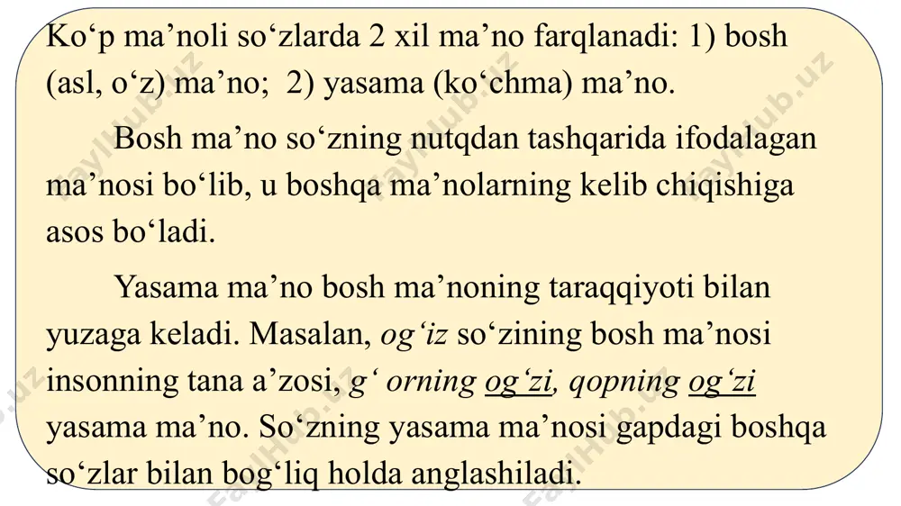 si ko‘k qora). metafora va metonimiya mahsuldor ko‘chish yo‘li, sinekdoxa, kinoya, vazifadosh asosida ma’no ko‘chishi kam mahsul hodisalardir. bolam, qiyinchhiliklarni sen ko‘rmading. urush yillari ko‘rdi. uyga oyog‘ini ham yechmay kirib ketdi. mungli kuy yurakni tirnar edi. “tanovar” ni tinglasang, sel boʻladi yuraging.. zarbingdan qalqisin kulayotganlar, yumshoq oʻrnidan bir turib qoʻysinlar. “oʻzbekning ishi” ni oʻylab topganlar oʻzbekning mushtini koʻrib qoʻysinlar.. do‘stimning qalbi pok, toza. ikki chumchuq olmaga qo‘ndi. o‘zbekning daturxoni chiroyli. besh qo‘l barobar emas avtomobilning eshigini ochib do‘stini chiqarib oldi. bola onasining oldiga tushib pildirab ketdi. “samsung” firmasi brendida negadir “a” harfining “belbog‘i” yozilmagan. men ko’cha kezaman. yog’a boshlar qor oppoq qo’lchalarin yelkamga tashlab. sajda aylar zohid ul mehrob aro, men qilurman sajda egma qoshima bulutlar orasidan quyosh kulib qaradi. barcha haq ishida bo’ling salomat yog’sa har yondan tavqi-malomat yig‘ilishga moylovni ham chaqirib keldim. iltimos, bir-ikki kun bolalarning tomog‘idan xabar olib turing. qora ko’ylak menga qarab turibdi. kun bo‘yi tuz …
