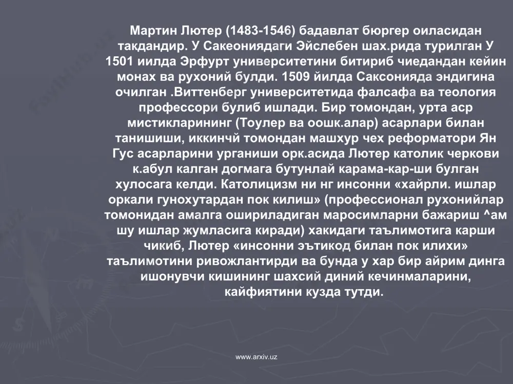 ахли исони худонинг угли одамзоднинг халоскори деб эътироф этмай уни тошбурон киладилар. исо гангофа тогида кийнаб улдирилади. уни жуда катта ёгоч хоч (санам) га тириклайин михлаб ташлайдилар. ривоят килинишича улимнинг учинчи куни исо тирилиб бир мунча вакт давомида уз шогирдлари билан бирга булади. шундан сунг у уларнинг куз унгида осмонга чикиб кетади. у келажакда яъни охират куни тириклар ва уликлар устидан хукм чикариш уни ерга кайтиб келишга христиан динига эътикод килувчилар ишонадилар. христиан динининг келиб чикиши ва таркалиши милоднинг i-iii асрларида рим империясида ёйилган умумий тушкунлик инкироз кунларининг шавкатсизларча эзилиши яхудийлар жамоасида эса оддий яхудийларнинг уч томонлама эзилиши, огир хаёти сабабчи булган www.arxiv.uz www.arxiv.uz христианликнинг асосий акидалари: “ худо - óгил ( исо) масих - худо ярлакаган вакил. у илохий халоскор. исо – христианликнинг асосчиси: исо хам илохий … хам инсоний табиатга эга. биби марям худо ( исо)нинг онаси… у кизлик иффати сакланган холда илохий хомиладор булган ва исони тукқàн. …