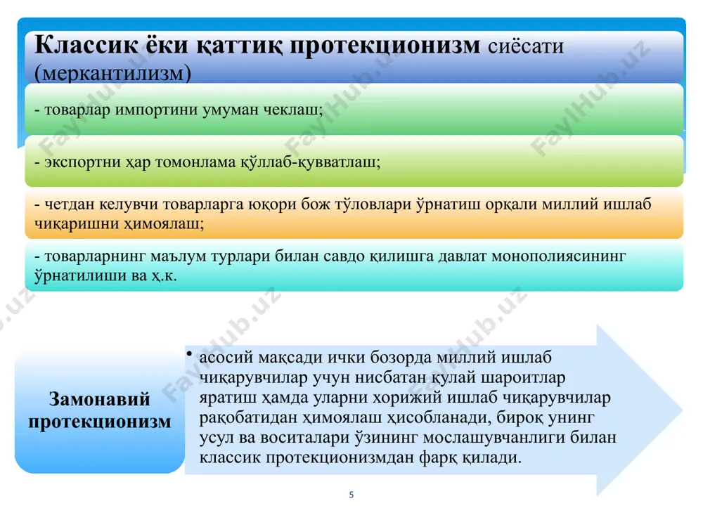 а талаб кўп бўлган маҳсулотлар тақчиллигининг олдини олиш мақсадида белгиланади. 20 бож олинадиган маҳсулотлар, бож олинмайдиган маҳсулотлар, олиб келиш ва олиб кетиш тақиқланган маҳсулотлар, шунингдек, божхона божлари ставкаси, яъни, уларнинг тартибга солинган рўйхати божхона тарифлари деб аталади. 21 мамлакат мудофаа саноатини ҳимоя қилиш имконини беради; мамлакатда бандлилик даражаси ўсишини таъминлайди ва ялпи талабни рағбатлантиради, импортнинг нисбатан чекланиши натижасида соф экспорт ўсади ва жорий операциялар бўйича тўлов баланси холати яхшиланади; миллий иқтисодиётдаги янги тармоқларни ҳимоя қилиш учун зарур; божхона тарифларини киритишни ёқловчи мутахассислар фикрига кўра импорт тарифлари: 22 давлат бюджети даромадларини тўлдириш манбаи бўлиб хизмат қилади; миллий ишлаб чиқарувчиларни демпинг кўринишидаги чет эл рақобатидан ҳимоя қилади; иқтисодиёт тузилишини қайта қуришни бошқариш воситаси ҳисобланади ва улар ёрдамида мамлакат иқтисодиётидаги илғор силжишлар рағбатлантирилади ва ҳ.к. божхона тарифларини киритишни ёқловчи мутахассислар фикрига кўра импорт тарифлари: 23 , ташқи иқтисодий операцияларни амалга оширишга давлат ташкилотларидан рухсат олишнинг маълум тартибидир. ташқи иқтисодий операцияларга маҳсулотлар, ишчи ва …