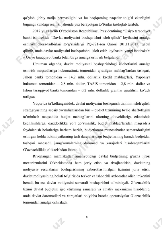 hilar tomonidan ularga mahsulotlar etkazib berilganidan va xizmatlar ko’rsatilgandan so’ng, budjet tashkilotlarining va budjetdan mablag’ oluvchilarning nomidan va ularning topshirig’iga asosan g’aznachilik vakolatni o’z zimmasiga oladi va budjet mablag’larining maqsadli ishlatilishini ta’minlash asosida taqdim qilingan hujjatlar bo’yicha to’lovni amalga oshiradi. g’aznachilikning rivojlanishi budjet ijrosida ishtirok etuvchi barcha darajadagi moliya va soliq organlarining faoliyatini umumlashtiradi, yangi sharoitlarda ularning butun faoliyati davlat moliyaviy mablag’larini yagona davlat xazinasida jamlashga qaratiladi. har qanday davlat va jamiyatning o’z oldiga qo’ygan maqsad va vazifalarini bajarish uchun kuchli ijtimoiy himoya, ta’lim, sog’liqni saqlash, mudofaa hamda boshqaruv organlarini saqlab turish zarur bo’ladi. buning uchun rivojlangan budjet tizimini yaratish, mamlakat hududidagi mavjud daromad manbalari va xarajat yo’nalishlari haqida aniq asoslangan tahliliy malumotlarga ega bo’lish talab etiladi. 1.davlat byudjetini tashkil etishni nazariy asosi ma’lumki, byudjet qonunchiligini yanada rivojlantirish va takomillashtirish asosida byudjet faoliyatini rivojlantirish davlat moliyasini boshqarish tizimini isloh qilishning asosiy yo’nalishlaridan biri hisoblanadi. 2000 yil 14 dekabrda “byudjet tizimi …