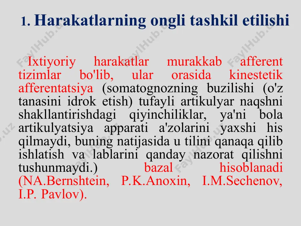 lar niqobga o'xshash yuz va umumiy harakatsizlik (turli his-tuyg'ular bilan butun tananing beixtiyor harakatlarining yo'qligi) shaklida yoki majburiy kulish, yig'lash yoki majburan yurish, yugurish (qo'zg'alish) shaklida bo'lishi mumkin) ko’rinadi. 3. mustaqil harakatlarning buzilishi vosita funktsional tizimlarining kortikal darajasiga zarar etkazish bilan bog'liq. ushbu turdagi buzilish apraksiya deb ataladi. apraksiya ixtiyoriy harakatlar va ob'ektlar bilan bajariladigan harakatlar buzilishini anglatadi. kinestetik apraksiya miya yarim kulrang qatlamining post-markaziy mintaqasining pastki qismlari ta'sirlanganda paydo bo'ladi. harakatlarning kinestetik asoslari qaqshaydi. harakatlar differensiyasiz bo'lib qoladi, yomon nazorat qilinadi. bemorlarda yozish paytida harakatlar buziladi, qo'lning turli xil pozitsiyalarini to'g'ri takrorlash qobiliyati (posturaning apraksiyasi); u yoki bu harakat qanday bajarilishini ob'ektsiz ko'rsata olmaydi (masalan, stakanga choy qanday quyiladi, sigaret qanday yoqiladi va hokazo). fazoviy apraksiya parieto-oksipital kulrang qatlam shikastlanganda paydo bo'ladi. apraksiyaning ushbu shaklining asosi vizual-fazoviy sintezning buzilishi, fazoviy tasvirlarning buzilishi ("yuqoriga-pastga", "o'ng-chap" va boshqalar). bemorlarda fazoviy yo'naltirilgan harakatlarni bajarishda qiyinchiliklar mavjud. kinetik apraksiya bu miya yarim sharlarining …