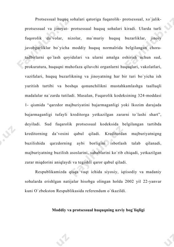 dumlar o’tkazishda, o’tkaziladigan saylovlarda qatnashadi. davlat huquqiy munosabatlarning sub`eyiktlari deganda,. davlat hokimiyatining tizimini tashkil qiluvchi qonun chiqaruvchi, ijro etuvchi va sud hokimiyatini tushunamiz. bular yagona davlat hokimiyat tiziminmi tashkil qiladi. o`zbekiston respublikasi oliy majlisining qonunchilik palatasi mutlaq vakolatlari palataning spikeri va uning o`rin bo`sarlarini, qumiutalarning raislari va ularni o`rin bo`sarlarini saylash; respublika bosh prokurorining taqdimiga binoan o`zbekiston qonunchilik palatasi deputatini daxilsizlik huququqidan mahrum etish va palataning ichki tartib- qoydalari bilan bog`liq masalalar yuzasidan qarorlar qabul qilish. foydalanilgan adabiyotlar: 1. o`zbekiston respublikasi konstitutsiyasi t. «o`zbekiston “2003yil 2. raxmonqulov h. o`zbekiston respublikasi milliy huquq tizimi: soxalar va yo`nalishlar. t; i. m mo`minov nomidagi falsafa va huquq nstitut, 2005-60 b . 3.saidov a. x. hozirgi zamon asosiy huquqiy tizimlari t: tdu il 2004-42 v 4. axmedshayeva m. hozirgi zamon davlati va huquqi nazariyasi muammolari. t; tdu il 2006-329 b 5. xolmo`minov q.t. davlat va huquq nazariyasi. t., 1998 y. 6. davlat va huquq …
