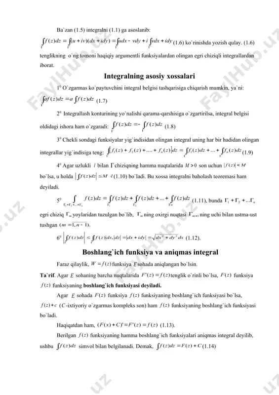 gral formulalari tayanch iboralar: jordon chizig`i, silliq chiziq, egri chiziq, integrallash konturi, koshi teoremalari va uning integral formulalari. 1. integralning ta`rifi va xossalari kompleks tekislikdagi sohada uzluksiz bir qiymatli (1.1) funksiya berilgan bo`lsin. u holda funksiya dan olingan ixtiyoriy silliq chiziqda ham bir qiymatli bo`ladi. chiziqning teglamasi bo`lib, boshlang`ich, oxirgi nuqtasi bo`lsin. dagi ning o`sishiga mos yo`nalish musbat, t ning qiymatiga mos yo`nalish manfiy yo`nalish deb qabul qilinadi ya`ni . ta`rif. jordon chizig`i uzluksiz o`zgaruvchi urinmaga ega bo`lsa, ya`ni mavjud va noldan farqli bo`lsa, u holda bu chiziq silliq chiziq deyiladi. agar egri chiziq chekli sondagi silliq chiziqlardan tashkil topgan bo`lsa, uni bo`laklari silliq chiziq deyiladi. silliq , , , … , (1.2) nuqtalar orqali ixtiyoriy ta yoychalarga bo`lamiz (12-chizma) va shu yoychalardan har birini istalgan joyidan bittadan nuqta olib, bu nuqtalarni mos ravishda (1.3) deb belgilaymiz 14-chizma ushbu yig`indini tuzamiz: (1.4) integral yig`indiga integral yig`indi deyiladi. bunda embed equation.3 …