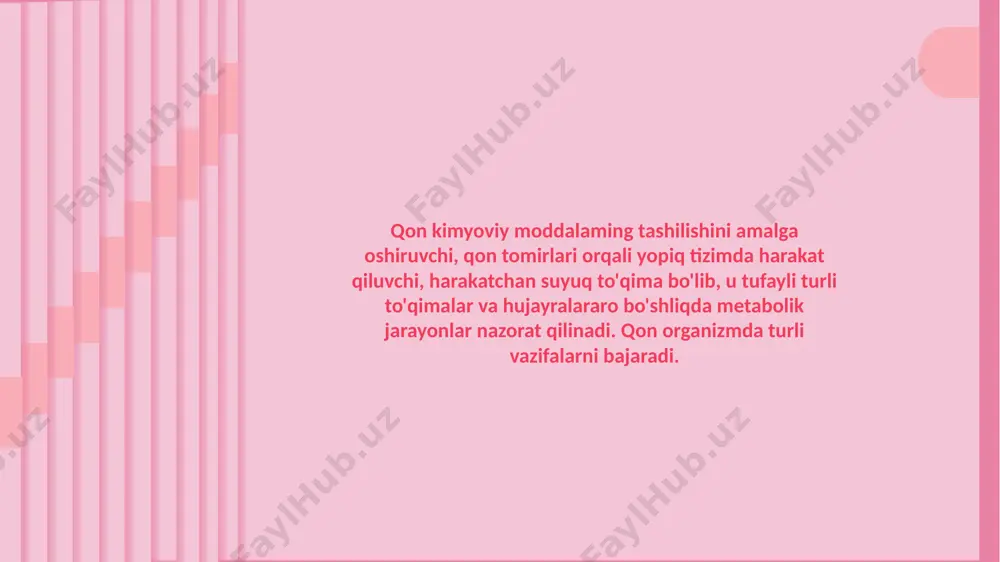 h vazifasi. qon gazlarni tashiydi: 0, ni o'pkadan a'zo va to'qimalarga, so, ni aksincha o'pkaga; 2. trofik. qon a'zo va to'qimalarga oziqaviy moddalarni yetka- zib beradi; 3. ekskretor. qon to'qimalardan metabolizmning oxirgi mah- sulo- lari: siydikchil, siydik kislotasi va ayiruv a'zolari tomonidan orga- nizmdan ajratiladigan moddalarni chiqarib tashlaydi; 4. kommunikativ. qon gormonlarni hosii bo'lish joyidan nis- hon- a zolarga tashilishini ta'minlaydi; 5. transport. qon a'zo va to'qimalarga hayo faoliyati uchun zarur bo igan turli moddalar, gazlar va modda almashinuv mahsu- lo'larini yetkazib beradi; 6. termoregulyator. qon organizmda issiqlik energiyasini to'g'ri taqsimlash vazifasini bajaradi; 7. kislo'a-ishqor muvozanatini ushlab turish. qon o'z tarkibi- da turli bufer tizimlarini saqlaydi va ular hisobiga kislota-ishqor mu- vozanatini ushlab turishda ishtirok etadi; 8. hinioya. qon spetsifik va nospetsifik immunitettizimiyordami- da organizmni tashqi va ichki omillardan himoya qiladi. qon biokimyosi qon kimyoviy moddalaming tashilishini amalga oshiruvchi, qon tomirlari orqali yopiq tizimda harakat qiluvchi, harakatchan suyuq to'qima bo'lib, …