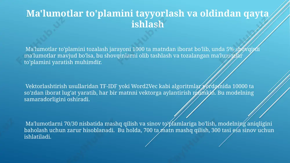 'llanilishi chuqur o'rganish, masalan, cnn yoki rnn kabi modellardan foydalanib, matnni 90% dan yuqori aniqlik bilan 10 ta turli toifaga tasniflashga imkon beradi. word2vec yoki glove kabi so'z vektorlashtirish usullari chuqur o'rganish modellarining samaradorligini 20% ga oshirishi mumkin, bu esa aniqroq tasniflash natijalarini beradi. matn oldindan qayta ishlash bosqichlari, jumladan, tozalash va tokenlash, chuqur o'rganish modellarining 5-10% gacha aniqlik ko'rsatkichini yaxshilashi mumkin. ko'p nomli tasniflash ko'p nomli tasniflash natijalarini baholash uchun f1-o'lchovi, aniqlik va to'liqlik kabi ko'rsatkichlar qo'llaniladi, bu esa modelning ishonchlilik darajasini aniqlashga yordam beradi. ko'p nomli tasniflash uchun ishlatiladigan mashina o'rganish algoritmlari orasida svm, naive bayes va neyron tarmoqlar kabi usullar mavjud bo'lib, ularning samaradorligi ma'lumotlar to'plamiga bog'liq. ko'p nomli tasniflashda har bir matn bir nechta, masalan 3 yoki 5 ta toifaga tegishli bo'lishi mumkin, bu esa oddiy ikkilik tasniflashdan farq qiladi va murakkabroq algoritmlarni talab qiladi. matn tasniflash va kategoriyalash tushunchasi to'g'ri tasniflash darajasi, odatda, aniqlik (precision) …