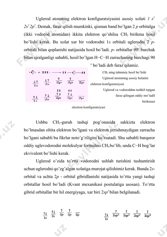dan vodorodni qo’shamiz. ikki ushbu fragmentni biriktirganimizda, ikkita uglerod-uglerod bog’ hosil bo’ladi. bularning bittasi δ - bog’ (2sp2orbitallar qoplanishi), ikkinchisi π bog’ (ikkita p- orbital qoplanishi). ikkita uglerod atomi o’rtasidagi δ va π bog’larni qo’sh bog’ deb ataladi. etilendagi bo’g’ hosil bo’lishini usuli etilendagi orbitallar etilendagi π – bog’ atsetilenni ikkita uglerod atomi sр – gibridlangan. atsetilen molekulasini tuzish uchun 2s- orbital bitta 2p- orbital bilan gibridlanishi natijasida uglerod atomi sр gibridlangan holatga o’tadi. natijada ikkita gibridlangan 2sр orbital hosil bo’ladi, ikkita 2p orbital esa gibridlanmaydi. sр - orbi t al asosiy holat qo’zg’algan sp-holat sр – gibridlangan uglerod atomini ikkita sр –orbitali 180о burchakda joylashgan. atsetilendagi ikkita uglerod atomi bitta δ-bog’ va ikkita π -bog’ bilan bog’langan: bu kombinatsiyani uch bog’ deb ataladi. 3. radikallar, asosiy funksional guruhlar alkanlar sinfi reaksion qobiliyati yuqori bo’lgan birikmalarga kirmaydi va rh dagi h ayniqsa bir reaksion qobiliyatli guruh emas. umuman olganda alkan …