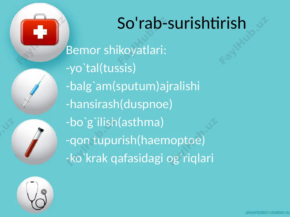 dagi tarqoq yoki chegaralangan og`riqli nuqtalarni aniqlash maqsadida -ko`krak qafasi cho`ziluvchanligi(rezistentligi)ni aniqlash -tovush titrashini tekshirish -plevraning ishqalanish shovqini va unda suyuqlik borligini aniqlash maqsadida bajariladi. paypaslash ikki qo`l yordamida amalga oshiriladi.ko`krak qafasining chap va o`ng simmetrik sohalariga avval old,so`ngra orqa qismlariga kaftlar qo`yiladi. old sathda-qo`lning kaft qismi qovurg`a yoyiga jipslashtiriladi,bosh barmoq uchlari esa xanjarsimon o`simtaga bosiladi. paypaslash ort tomondan-barmoqlar kaft sathlari 10-qovurg`a darajasida umurtqa pog`gonasining o`tkir o`simtasiga yaqin joylashishi,qolgan barmoqlar esa ko`krak qafasi yon sathiga jipslashishi zarur. paypaslash ko`krak qafasining simmetrik sohalari palpatsiya qilinganda biror qismining nafas aktida ikkinchi simmetrik sohadan ortda qolishi quyidagi hollarda kuzatiladi: -o`pka va plevrada fibroz to`qima o`sishi -plevra bo`shlig`ida suyuqlik to`planishi -o`tkir pmevmoniya -yirik bronxning bir tomonlama torayishi -plevraning bir tomonlama ta`sirlanishi og`riqli sohalarni aniqlash ko`krak qafasida og`riqli sohalar o`choqli(local) yoki tarqoq(diffuz) bo`lishi mumkin.palpatsiya tik yoki o`tirgan holda bajariladi.ko`rsatkich va o`rta barmoqlar yordamida bemor ko`krak qafasining og`riqli(bemor shikoyatidan)yoki zararlanish sohasi mavjud bo`lgan joyida ehtiyotkorlik bilan …