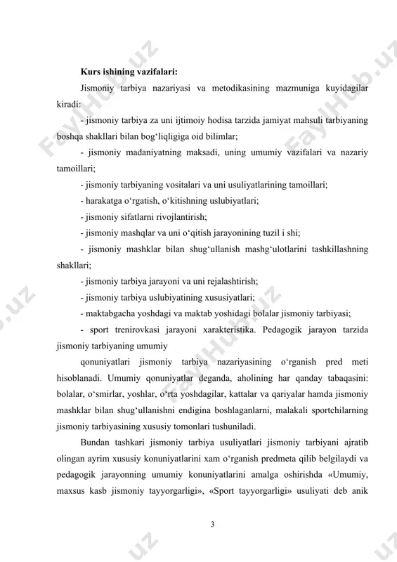 g turli-tumanligi shug‘ullanuvchilarning qaysi psixologik tiplarga mansubligiga, ularning yoshi, jinsi, kaysi kasb egasi ekanligi va tanlangan sport mutaxassisligi (maktab yoshidagi bolalar jismoniy tarbiyasi metodikasi, ayollar jismoniy tarbiyasi metodikasi va hk.) ga xos va mos kelishi kerak. sport pedagogikasining ayrim fanlari (sport o‘yinlari, gimnastika va h.k. larni o‘qitish) usuliyat usuliyati alohida mustaqil ajratilgan ilmiy va o‘quv fanlari tarzida shakl langan. asosiy qism 1. jismoniy tarbiya nazariyasinining manbalari jismoniy tarbiya nazariyasi va usuliyati fanining rivojlanishi va takomillashi uchun kuydagilar asosiy manba hisoblanadi: - mamlakatimizda jismoniy madaniyat va sportni yuksal tirishning yo‘llari va hozirgi payitdagi ahvoli haqidagi xuku mat karorlari, qonunlari; - jamiyatning rivojlanishi davomida insonni har tomonlama kamol toptirish hakidagi progressiv ta’limotlar. bu ta’limotlar insonning har tomonlama rivojlanishi huquqinigina ovoza qilish bilan kifoyalanmay, uning mazmunini ochishga urinish hamda shu g‘oyalarni amalga oshirish yo‘llarini nazariy, amaliy jihatdan asoslashdan iboratdir; - jismoniy tarbiya nazariyasi va usuliyati sohasi bo‘yicha olib borilgan va olib borilayotgan ilmiy …