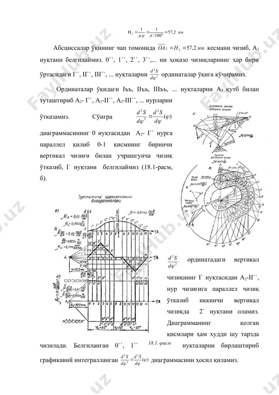 из (8-шакл, б) ва диаграммаларининг ордината ўқларини бир хил ва тенг масштабда чизиш учун диаграммасининг чап томонидаги қутб оралиғи қуйидагича бўлиши керак: абсциссалар ўқининг чап томонида кесмани чизиб, а2 нуқтани белгилаймиз. 0``, 1``, 2``, 3``,... ни ҳоказо чизиқларнинг ҳар бири ўртасидаги i``, ii``, iii``, ... нуқталарни ординаталар ўқига кўчирамиз. ординаталар ўқидаги iъъ, iiъъ, iiiъъ, ... нуқталарни а2 қутб билан туташтириб а2- i``, а2-ii``, а2-iii``, ... нурларни ўтказамиз. сўнгра диаграммасининг 0 нуқтасидан а2- i`` нурга параллел қилиб 0-1 қисмнинг биринчи вертикал чизиғи билан учрашгунча чизиқ ўтказиб, i` нуқтани белгилаймиз (18.1-расм, б). ординатадаги вертикал чизиқнинг i` нуқтасидан а2-ii``, нур чизиғига параллел чизиқ ўтказиб иккинчи вертикал чизиқда 2` нуқтани оламиз. диаграмманинг қолган қисмлари ҳам худди шу тарзда чизилади. белгиланган 0``, 1``, 2``, 3``,... нуқталарни бирлаштириб графикавий интегралланган диаграммасини ҳосил қиламиз. шунингдек, диаграммани яна бир марта графикавий интеграллаб, силжиш диаграммасини чизамиз (18.1-расм,в). шунда s ва ордината масштаблари тенг бўлиши учун қилиб олиш керак. сўнгра …