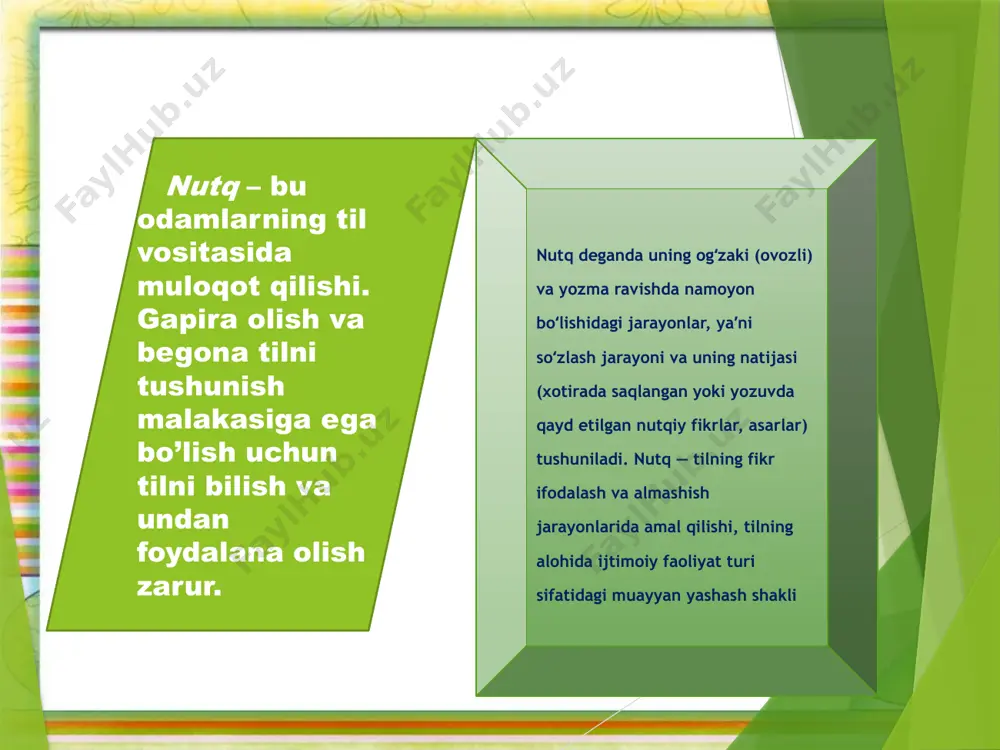 arning izchilligiga e’tibor berishi kerak. dialogik nutqqa nisbatan monologik nutq kechroq shakllanadi. maktabda o’qituvchilar o’quvchilarda monologik nutqni rivojlantirishga alohida e’tibor berishlari kerak muloqot jarayonida qo’l imo-ishoralari ma’lum mujmal tovushli ovoz bilan birga ijro qilingan. asta-sekin nutq tovushlari rivojlanib, sayqallanib bordi. vaqt o’tishi bilan ular kinetik nutq bajargan vazifalarni o’z zimmalariga oldilar, bundan tashqari, odam nutqi taraqqiyotini ta’minlab berdilar. shunday qilib, nutq va til yangi sifat darajasi – tovushli aniq nutq darajasiga ko’tarildilar. ikki yoki undan ortiq kishilar o’rtasidagi nutq – dialog deyiladi. dialogik nutqda bayon qilinayotgan fikr ko’p jihatdan undan oldingi fikrga bog’liq bo’ladi. dialogik nutqda suhbatdoshlarga ma’lum bo’lgan ayrim so’zlar tushirib qoldiriladi. shuning uchun yozib olingan dialog boshqalarga unchalik tushunarli bo’lmasligi mumkin: dialogik nutqda har xil turdagi shablonlar, ya’ni odatlanib qolingan so’z birikmasi ko’p uchraydi (g’oyil, marhamat qilib aytingchi). nutq rivojlanishining keyingi bosqichi yozuvning yaratilishidir. yozuvli nutq og’zaki nutq kabi o’z taraqqiyotida bir necha bosqichlardan o’tdi. dastlab yozuv belgilari …