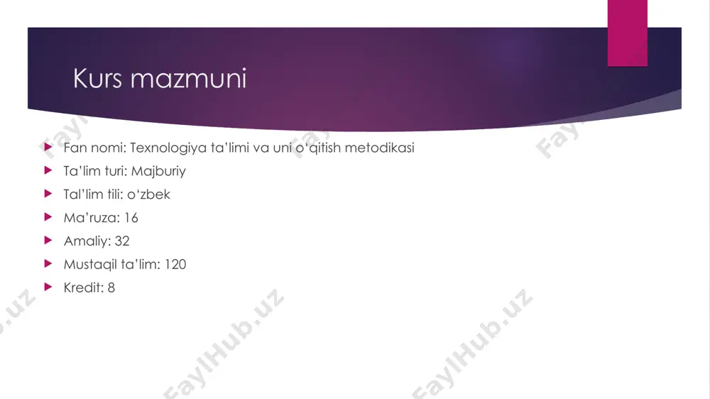 nologiya ta'limi va tarbiyasining integratsiyasi: texnologiya sohasidagi o‘zgarishlarga moslashuvni ta'minlash: 1. texnologiya ta’limining maqsadi va vazifalari o‘quvchilarda texnik tafakkurni rivojlantirish. mehnat madaniyatini shakllantirish. kundalik hayotda zarur bo‘ladigan amaliy ko‘nikmalarni o‘rgatish. tabiiy va sun’iy materiallar bilan ishlashni o‘rgatish. mustaqil ijod qilish va muammolarni hal qilish ko‘nikmalarini rivojlantirish. texnologiya darslarini tashkil etish shakllari texnologiya fanini o‘qitishda metodik yondashuv aktiv o‘qitish metodikasi loyihaviy metod amaliy va tajrivabiy metod interaktiv metod muammo yechish metodikasi differensial yondashuv integratsiyalashgan metodika tizimli yondashuv o‘quvchilarni mehnatga axloqiy, ruhiy va amaliy tayyorlash 1. axloqiy tayyorgarlik tavsif: axloqiy tayyorgarlik o‘quvchilarga mehnatga doir to‘g‘ri qadriyatlarni o‘rgatish, mehnatga nisbatan mas'uliyatli va halol munosabatni rivojlantirishni anglatadi. misol: darslarda o‘quvchilarga mehnatning ahamiyati haqida hikoyalar yoki amaliy mashg‘ulotlar o‘tkazish. 2. ruhiy tayyorgarlik tavsif: ruhiy tayyorgarlik o‘quvchilarning mehnatga bo‘lgan ichki motivatsiyasini shakllantirish, mehnatga nisbatan ijobiy munosabatni rivojlantirishni ta'minlashni anglatadi. misol: ruhiy tayyorgarlikni o‘rgatishda o‘quvchilarga motivatsion videolar ko‘rsatish, mehnatdagi muvaffaqiyatlarni tasvirlash. 3. amaliy tayyorgarlik tavsif: amaliy tayyorgarlik …