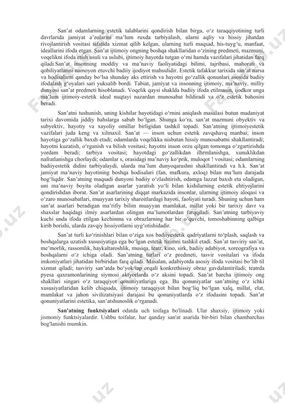 eʼtibor berilmoqda; xulqiy goʻzallik muammosi yanada muhim oʻrin egallay boshladi. oʻzbek milliy estetikasi taraqqiyoti tarixan mintaqaviy tabiatga ega boʻlib, uning ildizlari dastlab avesto, keyin moniylikning muqaddas kitobi xuastuanift (za.)ga borib taqaladi. islom dini qabul qilingach, milliymintaqaviy estetika qurʼoni karim oyatlari va hadisi sharifdagi "alloh goʻzal va u goʻzallikni sevadi" degan tamoyil asosida rivojlandi. bunda mashshoiyyunlik (forobiy, ibn sino) bilan yonmayon tasavvuf estetikasida kubroviylik (najmiddin kubro). joʻmardlik (pahlavon mahmud), naqshbandiya (alisher navoiy) singari tariqat mutafakkirlarining goʻzallik, sanʼat va sanʼatkor borasidagi qarashlari muhim ahamiyat kasb etdi. oʻzbek estetikasi tarixida, ayniqsa, temuriylar davri alohida oʻringa ega; navoiyning "mahbub ul-qulub", "majolis unnafois", "mezon ulavzon" asarlari, 15—16-asrlarda qator tazkiralar va musiqa nazariyasi borasidagi risolalar oʻzbek estetikasi rivojiga ulkan hissa boʻlib qoʻshildi. xonliklar va chorizm mustamlakasi davrida esa oʻzbek estetikasi koʻproq tazkiralarda (fazliy) va sheʼriy shakllarda (furqat) oʻz ifodasini topdi. oʻzbek milliy estetikasidagi yuksalish 19-asr oxirlari — 20-asr boshlariga toʻgʻri keladi. bu davrda maʼrifatchijadid mutafakkirlar yangicha …