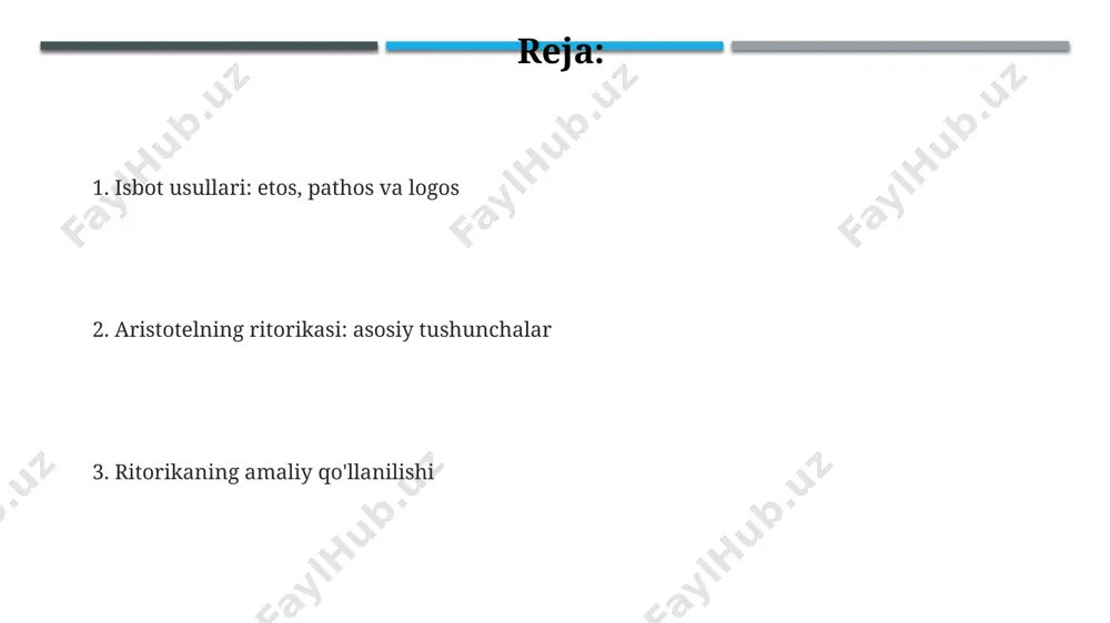 bo'lib, induktiv va deduktiv mantiqning 2 ta asosiy usulini qo'llaydi, shuningdek, analogiya va misollar kabi qo'shimcha vositalardan foydalanadi. aristotelning ritorikasi uchta asosiy ustunidan biri bo'lgan etos, ma'ruzachining obro'si va ishonchliligiga, xususan uning 3 ta xususiyatiga – xayrixohlik, bilim va fazilatiga tayanadi. patos, auditoriyaga hissiy ta'sir o'tkazish san'ati bo'lib, 6 ta asosiy hissiy holatni – qo'rquv, umid, g'azab, mehr-muhabbat, rahm-shafqat va hasad - hisobga oladi. dalillar va isbotlash usullari aristotel ritorikasi 3 ta asosiy dalillar turini – etos (shaxsiy obro‘), pathos (tinglovchining his-tuyg‘ulari) va logos (mantiqiy dalillar)ni ajratib ko'rsatadi, bu isbotlashning samaradorligini oshirishga yordam beradi. logosga asoslangan isbotlashda, aristotel 3 ta asosiy mantiqiy usulni – induksiya (xususiydan umumiyga), deduksiya (umumiydan xususiyga) va analogiyani taklif qiladi. aristotel ritorikasida, muvaffaqiyatli isbotlash uchun 2 ta muhim omil – dalillarni aniq va tushunarli bayon etish hamda tinglovchilarning oldindan mavjud bo‘lgan bilimlarini hisobga olish ta'kidlanadi. ritorikaning amaliy qo'llanilishi ritorikaning amaliy qo'llanilishi natijasida 2000 yildan ortiq vaqt …