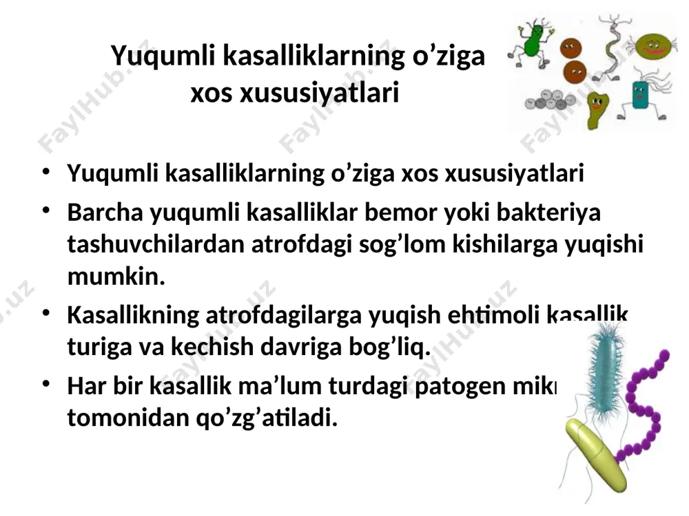 lementlari soni toshma elementlarining rivojlanish dinamikasi ba’zi transmissiv infeksiyalarda (tulyaremiya, borrelioz va boshqa lar) qo’zg’atuvchi teriga kirgan soxada birlamchi affekt, ya’ni teri koplamlari soxasidagi yalliglanish, kasallikning boshqa klinik belgilari bilan kechadi. kataral-respirator sindrom rinit angina bronxit bronxiolit pnevmoniya yuqumli kasalliklarda laborator tekshirish usullari bakteriologik bakterioskopik serologik virusologik allergologik bioximik yordamchi laboratoriya usullari: ekg, utt (uzd), rentgen, kt, mrt. yuqumli kasalliklarni davolash asoslari etiotrop davolash patogenetik davolash simptomatik davolash yuqumli kasalliklarda tartiblar tartib i – qat’iy tartib ii – yarim yotoq tartibi (palatno’y) tartib iii – umumiy parxez № 2 o’tkir ichak infeksiyalari rekonvalessensiya davrida buyuriladi. bunda jkt ni mexanik va termik ta’sirlardan ozod etiladi. aralash stol, hamma taomlar qirg’ichdan o’tkazilgan va maydalangan xolda tayyorlanadi. dukkaklilar, fasol va ko’k no’xat man etiladi. yuqumli kasalliklar bilan og’rigan bemorlar ovqatlanishi parxez № 4 diareya sindromida tavsiya etiladi (dizenteriya, salmonellez, esherixioz boshqa lar). go’shtli bulonlar, qaynatilgan go’sht kotlet va frikadelkalar ko’rinishida, qaynatilgan baliq, bo’tqalar, …