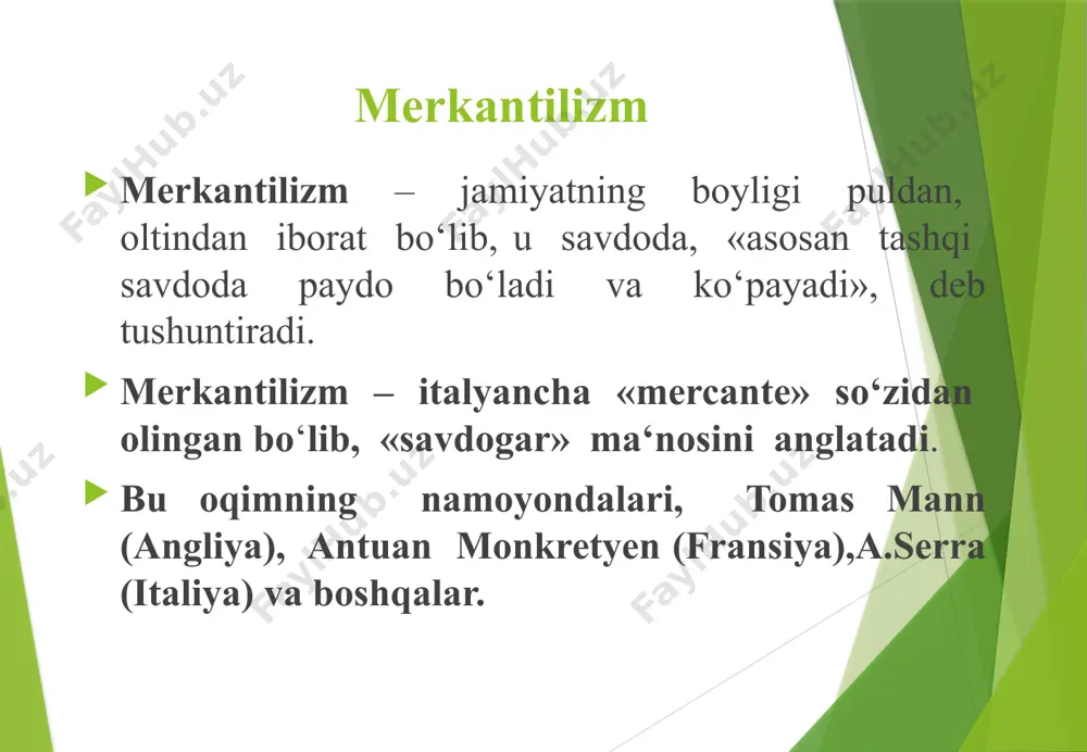 ni qayd qilib o‘tadi. tomas mann savdo balansi nazariyasi tomas mann (1571-1641) edi. uning fikricha, pul tashqi savdo oborotida tashkil etadi, ya'ni har bir savdo kapitalisti o`z pulini ma'lum foyda olish uchun oborotga qo`yadi. shunday yo`l bilan, ya'ni savdo yo`li bilan boyish kerak. tomas mann bo‘yicha, boylikning manbai faqat tashqi savdo hisoblanadi, bunday boylikka «har yili xorijliklardan xarid qilgan summadan ко‘ra, ularga ko'proq sotish» yo‘li bilan erishiladi. keyingi merkantilizm vakili jon lo keyingi merkantilizm vakillaridan biri shotlandiyalik jon lo (1671-1729 y.) hisoblanadi. jon lo kredit-bank tizimi, shuningdek, qog‘oz-pul muomalasi va birja chayqovchiligi asoschilardan biri hisoblanadi. u kuchli iqtisodchi -amaliyotchi bo‘lsada, “pul va savdo” asarini 1705 yilda chop etgan. jon loning iqtisodiy g‘oyalari 1) milliy iqtisodiyot rivojlanishining kaliti sifatida, banknotalarni chiqarish yo‘li bilan mamlakatda pulning ta'minlanishiga harakat qildi; 2) kredit emissiya banklarining davlatga qarashli bo'lishini, hukumat tomonidan iqtisodiy siyosatini olib borilishi va uning yordamidan foydalanishni talab qilib chiqdi; 3) tovarlar bahosining …