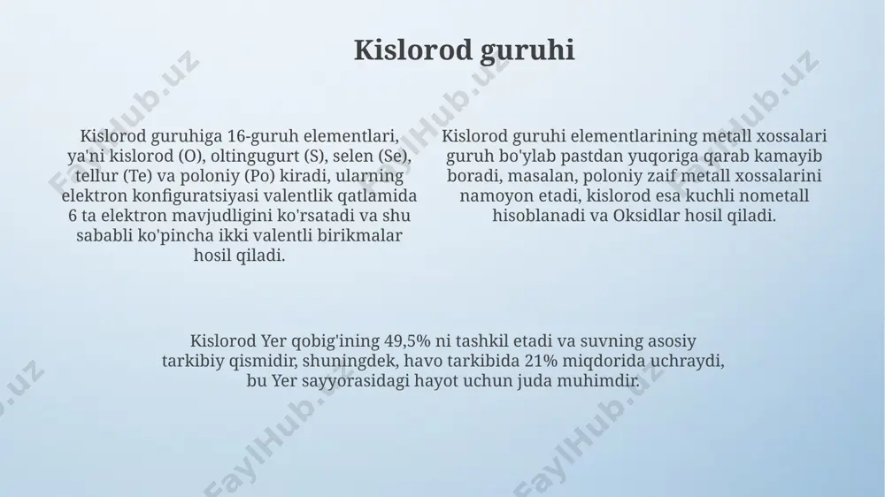 ektr manfiyligi bilan tavsiflanadi, masalan, ftor (4.0) va kislorod (3.5) kabi elementlarning elektr manfiyligi qiymati yuqori boʻlib, ularning birikmalarda anion hosil qilish moyilligini koʻrsatadi. no metallarning 17-guruhi (galogenlar) - ftor, xlor, brom va yod - xona haroratida turli agregat holatlarida (gaz, suyuqlik, qattiq) uchrashi bilan ajralib turadi. ularning reaktivligi guruhi pastga tushib borgan sari kamayadi. no metallarning ko'p qismi, masalan, oltingugurt va fosfor, oddiy moddalar holida molekulyar tuzilishga ega boʻlib, ularning suyuqlanish va qaynash haroratlari nisbatan past boʻladi. masalan, oltingugurtning qaynash harorati 444.6°c. kaltzogenlar guruhi kaltzogenlar guruhiga 16-guruh elementlari, masalan, kislorod (o), oltingugurt (s) va selen (se) kiradi, ularning elektron konfiguratsiyasi tashqi qavatida 6 ta valent elektron mavjud bo'lib, ularning kimyoviy xossalari xilma-xildir va turli birikmalar hosil qiladi. kaltzogenlar guruhi elementlari yer po'stlog'ida keng tarqalgan bo'lib, ularning ba'zilari, masalan, oltingugurt, sanoatda keng qo'llaniladi va 100 dan ortiq mineral tarkibida uchraydi. kaltzogenlarning kimyoviy xossalari davriy jadvaldagi joylashuviga bog'liq bo'lib, masalan, kislorod …