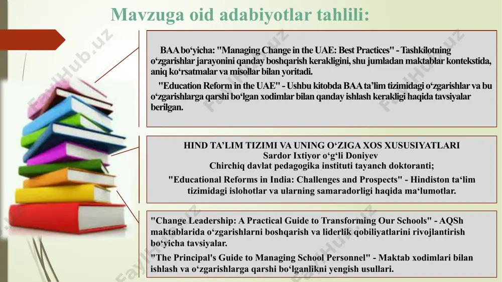 na harakatga keladigan xodimlar; - majburlash orqali harakatga keladigan xodimlar kabi guruhlarga ajratib olish va har bir guruh uchun alohida strategiyani belgilab olish lozim; 3- reja asosida har bir xodimning haftalik ish natijalarini tuman gazetasida va ijtimoiy tarmoqlarda yoritib borish; 4- hafta yakunida reja asosida xodimlar va sinf liderlari bilan ochiq muloqotlar va treninglar tashkil etish orqali xodimlarni o‘z ustida yanada samarali ishlashga olib kelinadi. chora-tadbirlar rejasi t/r muammo amalga oshirish mexanizmi mas’ullar muddati natija 1. maktabda o‘zgarishlarga qarshi bo‘lgan xodimlarning mavjudligi aniqlash ishchi guruhni tog‘ri tashkil qilish maktab direktori, psixolog va kuzatuv kengashi 2024- 2025- yil. o‘quv yili boshida 1 hafta davomida ta’limga va jamiyatga bo‘lgan munosabatni o‘zgartirish, o‘zgarishlarni tahlil qilish, faol ishtirok etganlarni na’muna sifatida ko‘rsatish. xodimlar o‘rtasida swot tahlilini o‘tkazish maktab direktori, psixolog o‘quv yili boshida dars tahlillari va ochiq dars mashg‘ulotlari hamda seminarlar tashkil etish maktab direktori mmibdo‘ va o‘tibdo‘, psixolog, metod birlashma rahbarlari hafta davomida …