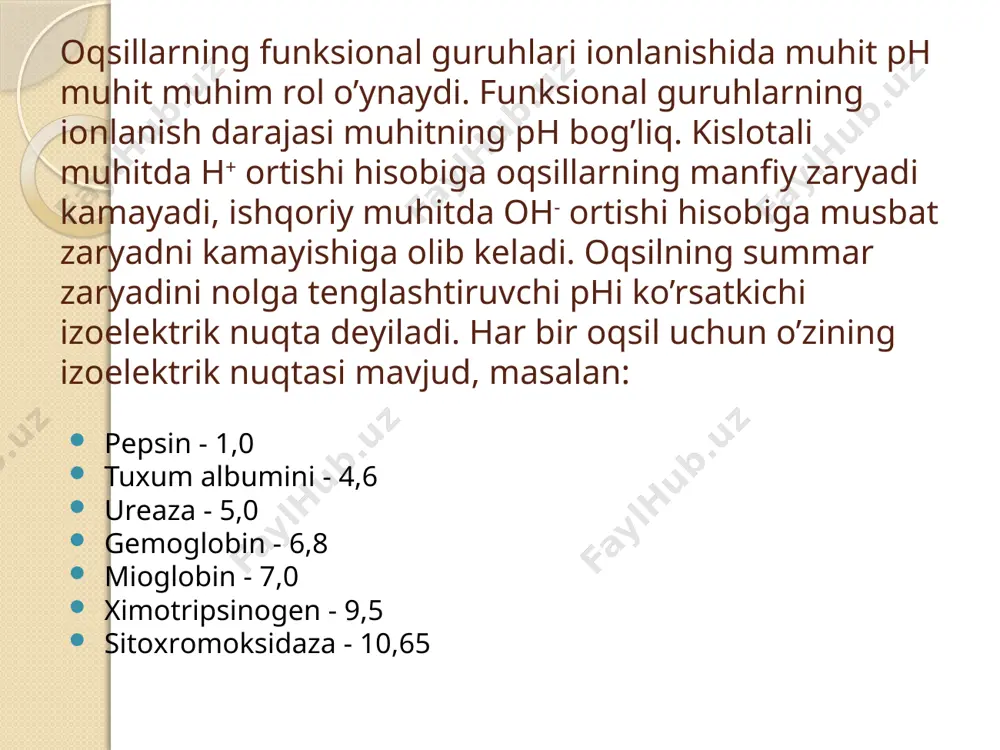 hunki ularning tashqi qobig’i zaryadlanmagan. zaryadlangan guruhlarning asosiy qismi molekula ichidadir. bu esa ularni bo’kish va gel hosil qilish xususiyatini beradi. bunday oqsillar asosan, tog’aylarda, boylamlarda, sinovial suyuqliklarda bo’ladi. tuzlash eritmada neytral tuzlarning konsentratsiyasi yuqori bo’lsa oqsillar cho’kmaga tushadi. turli xil oqsillarni ajratish (tuzlash) uchun turli xil konsentrasiyadagi tuzlar kerak bo’ladi. demak, bu usuldan foydalanib oqsillarni fraksiyalarga ajratishimiz mumkin. ko’pincha oqsillarni fraksiyalash uchun ammoniy sulfat tuzidan (nh4)2so4) foydalaniladi. masalan, qon zardobidagi globulinlarni cho’kmaga tushishini uchun taxminan eritmani 50% (nh4)2so4 foydalanish mumkin, ammo albuminlarni ajratib olish uchun esa eritmani 100% (nh4)2so4 bilan to’yintirishimiz mumkin. dializ yuqori molekulali moddalar tarkibidagi kichik-kichik molekulali moddalarni yarim o’tkazgich membranalar yordamida ajratish usuliga dializ deyiladi. dializ usuli kolloid zarrachalarni yarim o’tkazgich membranalardan o’tmasligiga asoslangan. yarim o’tkazgich membranalarga kollodiy, sellofan pergament qog’ozlari misol bo’ladi. inson va hayvon organizmida buyrakdagi boumen - shumlyanskiy kapsulasining pardalari ham yarim o’tkazguvchandir. dializ uchun ishlatiladigan asbobni dializator deyiladi. oddiy dializator sifatida kollodiy …