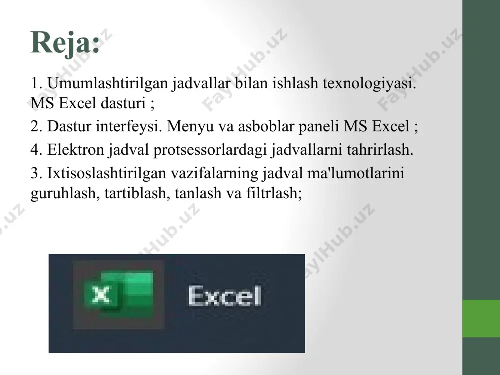 ni avtomatik ravishda qayta hisoblab chiqadi. agar formuladan nusxa ko'chirishda ba'zi kataklarga havola o'zgarmasligi kerak bo'lsa, u holda katakchaning mutlaq (o'zgarmas) manzilini o'rnatish mumkin. ms excel microsoft excel - bu microsoft office paketiga kiritilgan dasturiy mahsulot bo'lib, jadval ma'lumotlarini tezda qayta ishlash imkonini beradi . ms excel ning imkoniyatlari juda keng. excel ikki inglizcha excellent va cells so'zining qisqartmasidan tuzilgan va ajoyib katakchalar degan ma'noni anglatadi . excel mo''jizalar yaratadi va microsoft office mahsulotlarining eng ilg'oridir. ms excel dasturining imkoniyatlari ms excel raqamli ma'lumotlarni qayta ishlash imkoniyatini beradi. turli xil hisob-kitoblar formulalar yordamida amalga oshiriladi. barcha moliyaviy va buxgalteriya hisoblarini oson va qulay tarzda amalga oshirish imkonini beradi. o'zgartirilgan ma'lumotlar asosida qayta hisoblash, statistik ma'lumotlarni saqlash imkonini beradi, har xil turdagi diagrammalar ko'rinishida ma'lumotlarni tartibga solish, tahlil qilish va taqdim etish imkonini beradi. grafik va diagrammalar yordamida turli ko'rsatkichlarning o'zgarishlar dinamikasini kuzatish. ms excel ms excel dasturidagi barcha yangi matnli …