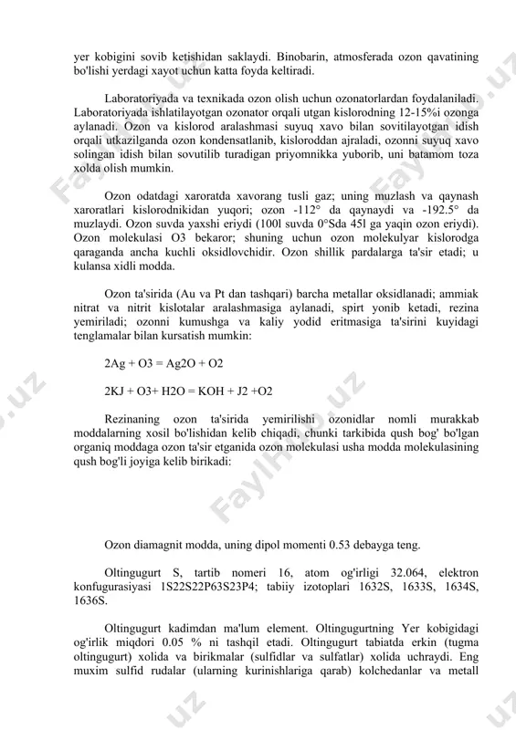 iladi, ba'zilari dengiz suvida erigan xolatda bo'ladi. oltingugurt birikmalari neft konlarida va shifobaxsh suvlarda xam uchraydi. eng muxim sulfatlar qatoriga gips caso4.2h2o, angidrid caso4, achchik tuz mgso4 . 2h2o, kizerit mgso4 . 2h2o, og'ir shpat baso4, selestin srso4 va glauber tuzi naso4 . 10h2o kiradi. organiq olamda oltingugurt usimlik va xayvon oksili tarkibida bo'ladi. u uglerod, kislorod, vodorod , azot va fosfor kabi xayot uchun eng zarur elementlardan biridir. toshkumir tarkibida 1.5% ga kadar oltingugurt bo'ladi. oltingugurtni tabiiy manbalardan olishda uning kanday xolatda ekanligini, konni kurshab olgan sharoit xisobga olinadi. agar kon u kadar chukur bulmasa, oltingugurt xuddi toshkumir kabi shaxta usulida kazib chikaziladi. kupincha, tugma oltingugurtga xar xil tog jinslari, gips va tuprok aralashgan bo'ladi. shu sababli avval uni suyuqlantirib, qushimchalardan qisman tozalanadi. oltingugurtni yanada yaxshirok tozalash uchun uni maxsus pech va retortalarda kizdiriladi va uning buglari pech yonidagi katta xonalarga borib, bu yerda soviydi va 110°s dan past …