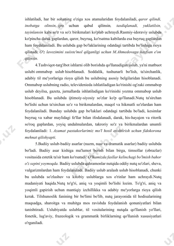 bilan birga, timsollar (obrazlar) vositasida estetik ta'sir ham ko'rsatadi: o'lkamizda fasllar kelinchagi bo'lmish bahor o'z sepini yoymoqda. badiiy uslubda qahramonlar nutqida oddiy nutq so'zlari, sheva, vulgarizmlardan ham foydalaniladi. badiiy uslub aralash uslub hisoblanadi, chunki bu uslubda so'zlashuv va kitobiy uslublarga xos o'rinlar ham uchraydi.nutq madaniyati haqida.nutq to'g'ri, aniq va yoqimli bo'lishi lozim. to'g'ri, aniq va yoqimli gapirish uchun mantiqiy izchillikka va adabiy me'yorlarga rioya qilish kerak. tilshunoslik fanining bir bo'limi bo'lib, nutq jarayonida til hodisalarining maqsadga, sharoitga va muhitga mos ravishda foydalanish qonuniyatlari bilan tanishtiradi. uslubiyatda uslublar, til vositalarining nutqda qo'llanish yo'llari, fonetik, lug'aviy, frazeologik va grammatik birliklarning qo'llanish xususiyatlari o'rganiladi. so'zlashuv uslubi - bir so'z uslubi, odamlar o'rtasida to'g'ridan-to'g'ri muloqot qilish uchun xizmat qiladi. uning asosiy vazifasi - kommunikativ (axborot almashinuvi). so'zlashuv uslubi nafaqat taqdim etiladi so'zlashadigan tilda, balki yozma ravishda - maktublar, eslatma shaklida. dialoglar polylog - lekin asosan bu uslub nutq ishlatiladi. bu tayyor emas so'z osonlik …