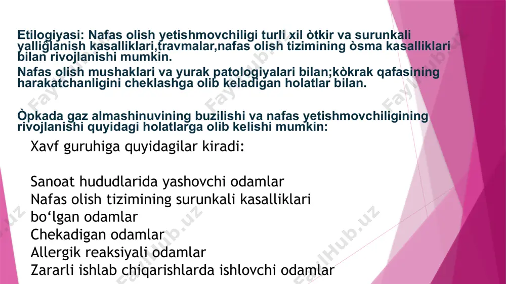 eklanadi. restriktiv (yoki cheklovchi). nye nafas olishning mumkin bo'lgan maksimal chuqurligini cheklash tufayli rivojlanadi. kombinatsiyalangan (aralash). kombinatsiyalangan (aralash) turdagi nye obstruktiv va restriktiv turlarning belgilarini ulardan birining ustunligi bilan birlashtiradi va yurak-o'pka kasalliklarining uzoq davom etishi bilan rivojlanadi. gemodinamik. nye qon oqimining yetishmasligi yoki o'pkaning bir qismini yetarli darajada kislorod bilan ta'minlash fonida rivojlanadi. diffuz. diffuz tipdagi nafas yetishmovchiligi o'pkaning kapillyar-alveolyar membranasi qalinlashi oqibatida gazlarning kirib borishi patologik buzilganda rivojlanadi. qonning gaz tarkibi ko'rsatkichlari bo'yicha: kompensatsiya qilingan (qonning gaz tarkibi normal); dekompensatsiyalangan (gipoksemiya yoki arterial giperkapniya mavjudligi). nye belgilarining namoyon darajasi bo'yicha: i darajali nye-o'rtacha yoki sezilarli yuklarda nafas qisilishi bilan tavsiflanadi; ii darajali nye-nafas qisilishi yengil harakatlarda kuzatiladi, dam olishda kompensatsion mexanizmlarning ishtiroki qayd etiladi; iii darajali nye-dam olishda nafas qisilishi va sianoz, gipoksemiya bilan namoyon bo'ladi ko‘krak qafasida og‘riq nafas olishning qiyinligi nafas qisilishi ongning buzilishi terining ko‘kimtir rangi tez nafas olish ico nafas olish yetishmovchiligi belgilari simptomlari. …