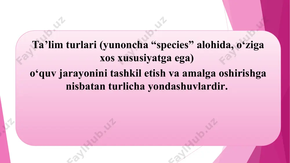 kabi tushunchalarini kiritgan. «didaktika» atamasi ilk bor nemis pedagogi volfgang ratkening «didaktika yoki ta’lim san’ati» (1613-yil) deb nomlangan ma’ruzasida qo ‘llanilgan. a. komenskiy“onalar maktabi” asarida ta’lim –tarbiyaga katta e’tibor berilgan. sinf-dars tizimi garchi 350 yil avval asoslangan bo‘lsada, bugungi kunda ham keng ko‘lamda iste’molda foydalanib kelinmoqda. uning asosiy mazmuni o‘quv ishlarini tashkil etishning o‘ziga xos shakli sifatida quyidagilardan iborat bo‘ladi: -bir xil yoshdagi va taxminan bir xildagi tayyorgarlik darajasiga ega bo‘lgan ta’lim oluvchilar (o‘quvchilar) sinfni tashkil etadi. -bu sinf maktabda o‘qishning umumiy davriga asosan doimiy tartibini saqlab qoladi; - sinf faoliyati yagona yillik reja va dastur asosida doimiy dars jadvali bo‘yicha tashkil etiladi, buning natijasida bolalar maktabga yilning bir vaqti va oldindan belgilangan kun soatlarida kelishlari kerak bo‘ladi; -mashg‘ulotlarning asosiy birligi dars hisoblanadi; - dars odatda bir fan yoki mavzuga bag‘ishlangan bo‘ladi, shu bois, ta’lim oluvchilar sinfda bitta material ustida ishlaydilar; -darsda ta’lim oluvchilarning ishiga (faoliyatiga) ta’lim beruvchi rahbarlik qiladi, …