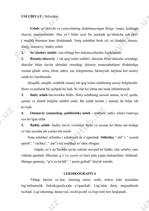 adi. ensiklopedik lug’atlarda so’zlar, birikmalar, ma’lum bir voqea-hodisalar izohlanadi. lingvistik lug’atlarda esa faqat so’zlar beriladi. lug’atlar qo’llanish doirasiga ko’ra ikki xil bo’ladi: umumiy lug’atlar va maxsus lug’atlar. umumiy lug’atlar barchaga mo’ljallangan bo’lib, ulardan turli soha vakillari foydalanishi mumkin. masalan: “imlo lug’ati”, “izohli lug’at”, “ruscha-o’zbekcha lug’at”. maxsus lug’atlar esa ma’lum bir soha vakillari uchun mo’ljallangan bo’ladi: “sinonimlar lug’ati”, “matematik terminlar lug’ati”. so’zligining bir til yoki bir necha tildan iborat bo’lishiga ko’ra tarjima lug’atlari va bir tilli lug’atlar farqlanadi. i.tarjima lug’atlarida bir tilning lug’aviy birligiga boshqa tildagi mos birlik beriladi. masalan, “o’zbekcha-ruscha lug’at”. ii. bir tilli lug’atlar (o’z til lug’atlari) ning so’zligi bir tilda bo’ladi. bir tilli lug’atlarning quyidagi turlari bor. 1. izohli lug’atda lug’aviy birliklarning (so’z yoki iboralarning) ma’nosi izohlanadi. lug’aviy birlik ko’p ma’noli bo’lsa, uning barcha ma’nolari beriladi va izohlanadi. “o’zbek tilining izohli lug’ati” 1981 yilda 2 jild holida nashr etilgan bo’lib, oltmish besh mingga yaqin so’z izohlangan. 2.. imlo …