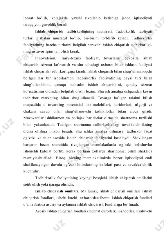 gallanmagan ishlab chiqarish, o’zi tayyorlagan yarim tayyor mahsulot, kelajakdaagi harajatlar ham aylanma ishlab chiqarish fondlarini tashkil qiladi. qayta ishlov berilmagan sanoat mahsulotlari (ruda, neft, ko’mir, gaz va boshqalar), qishloq xo’jalik mahsulotlari (paxta, jun, teri va boshqalar) xom ashyoni tashkil qiladi. materiallar esa ma’lum qayta ishlash jarayonidan o’tib tay​yor mahsulot ishlab chiqarishga mo’ljallangan mehnat mahsulotidir. asosiy materiallar bo’lajak tayyor mahsulot (temir, yog’och, mato)ning asosini tashkil qiladi, yordamchi material​lar (bo’yoq, tugma va boshqalar) asosiy materiallar uchun ishlatiladi yoki (moylash moylari) ishlab chiqarish jarayoniga yordamlashadi. asbob-uskunalar narxi va ishlatish muddatiga qarab aylanma fondlarga kiritiladi. asbob-uskunalarning xizmat muddati bir yildan oz bo’lsa, u aylanma fondlarga taalluqlidir. yarim tayyor mahsulotlar sotib olingan yoki o’zida tayyorlangan turlariga bo’linadi. yarim tayyor mahsulotlar iste’molga tayyor bo’lmagan bo’lib, uni boshqa tsex firma yoki korxonada tayyor holatiga keltirish lozim. tugallanmagan ishlab chiqarish tugallanmagan mahsulot bo’lib, yarim tayyor mahsulotdan farqli ravishda o’z ishchi joyida turadi. uni me’yoridagi ishlov berish uchun korxonaning …