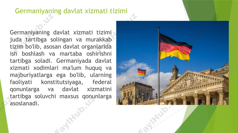 lumot: davlat xizmatiga kirish uchun ko'plab lavozimlar uchun oliy ta'lim (bakalavr, magistratura darajasi) talab qilinadi. bu talablar tizimga va lavozimga qarab farq qilishi mumkin. til bilish: germaniyada davlat xizmatida ishlash uchun yaxshi darajadagi nemis tilini bilish zarur. ko'plab davlat xizmati lavozimlari uchun til bilish darajasi sifatida c1 yoki undan yuqori daraja talab qilinadi. 2. davlat xizmati tizimiga kirish jarayoni: a. rekrutment jarayoni: vazifalar va e'lonlar: germaniyada davlat xizmatiga kirish uchun, davlat organlari va tashkilotlari o'z vakanseya e'lonlarini rasmiy saytlarida yoki boshqa platformalarda e'lon qiladilar. nomzodlar, odatda, tegishli e'lonlar orqali o'z arizalarini topshirishlari kerak. ariza topshirish: ariza topshirish jarayoni elektron yoki yozma tarzda amalga oshiriladi. nomzodlar o'zlarining rezyume (cv) va diplomlarini taqdim etishlari kerak. arizalar ko'pincha rasmiy veb-saytlar orqali yuboriladi. imtihonlar va tanlov: germaniyada davlat xizmatiga kirish uchun nomzodlar ba'zan maxsus imtihonlardan o'tishlari zarur. imtihonlar, odatda, intellektual qobiliyat, mantiqiy fikrlash, til bilish va ba'zi hollarda professional malakani tekshirishga qaratilgan bo'lishi mumkin. …