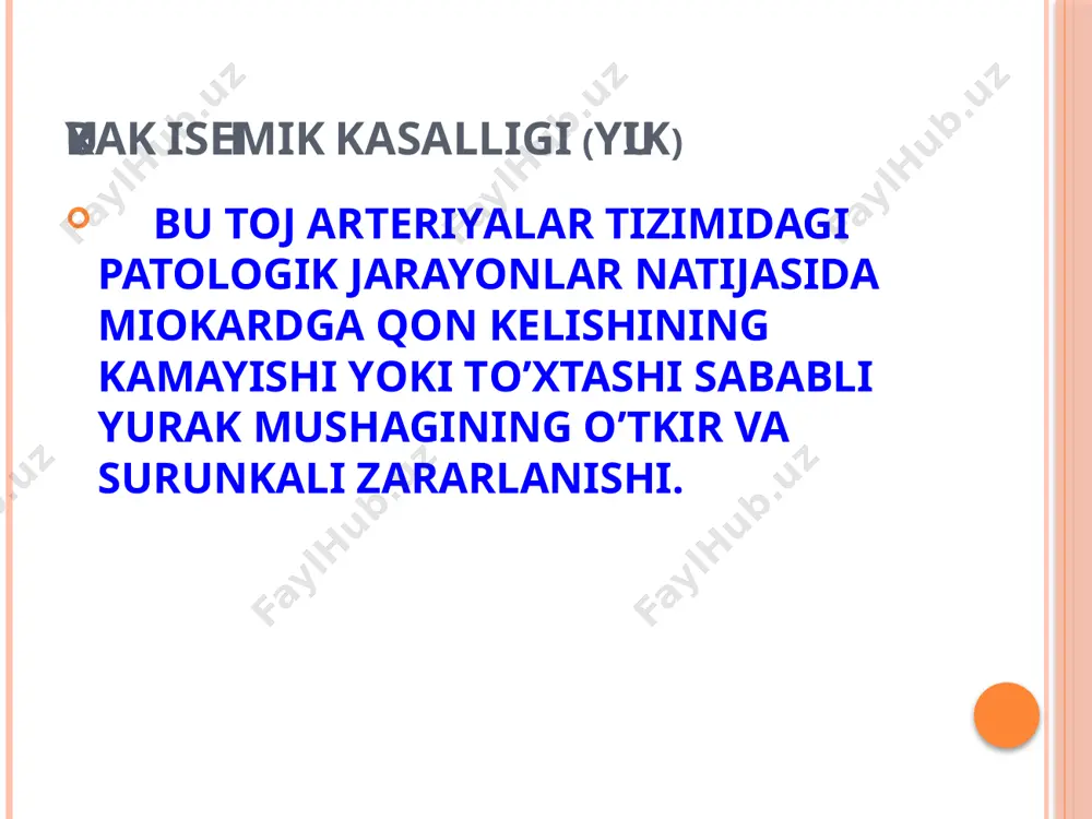 da yurganda, ovqatlangan-dan so’ng paydo bo’ladi. stenokardiya xuruji vaqtida presistolik ot dupuri ritmi va i ton susayishi stenokardiya xuruji vaqtida (a) va 30 daqiqa keyin (b) olingan ekg, qiyosiy tashxisi. miokard infarkti sifilitik mezaortit yurak nuqsonlari miokardit diafragmaning qizilo’ngach teshigi churrasi perikardit gipotalamik sindrom davosi a. kun tartibiga rioya qilish b. dorilar bilan davolash nitratlar va nitratga o’xshash moddalar b-adrenoretseptorlar blokatorlari kalsiy antagonistlari antikoagulyant, antiagregantlar antioksidant davo profilaktikasi. a. birlamchi profilaktika: (1) ateroskleroz, gipertoniya kasalligi, semirishni oldini olish; (2) tabak chekishni va spirtli ichimliklar ichishni chek-lash; (3) osh tuzi va xolesteringa boy bo’lgan mahsulotlar (yog’, tuxum, yog’li go’sht) iste'molini chegaralash. (4) maxsus badantarbiya mashqlarini muntazam ravishda bajarish ikkilamchi profilaktika: 1) aterosklerozga qarshi gipolipidemik dorilarni qo’llash. 2) og’riq sindromini, yurak urishi maromining buzilishini va yurak yetishmovchiligini izchillik bilan davolash. image2.png image3.png /docprops/thumbnail.jpeg