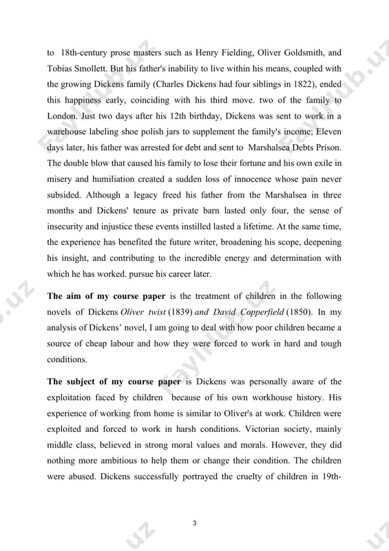 successfully portrayed the cruelty of children in 19th-century britain. he made the readers feel sympathy for the terrible plight of the children. the object of my course paper provides information about problems of childhood and education in charles dickens' novels. the course paper includes introduction, main part, conclusion and list of references. the main part includes consider the approach to childhood in the novels mentioned. certainly the reader is interested in how dickens portrays the main characters of his novels. the way he portrays them as children and at the beginning of stories can tell us a lot about the future development of their characters. on the following pages it becomes clear that the story of the protagonist in every novel is shaped by his family situation, which largely determines how the child is dealt with in the novel. main part 1. the life and work of charles dickens less …