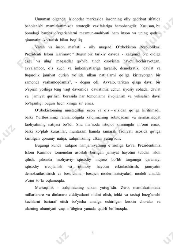 g siyosatdan ustuvorligi, davlatning bosh islohotchilik faoliyati, qonun ustuvorligiga erishish, kuchli ijtimoiy himoyani amalga oshirish, bozor iqtisodiyotiga evolutsion yo’l bilan bosqichma – bosqich o’tish o’zbekistonning strategic rivojlanishi uchun asos bo’ldi. mamlakatimizda milliy davlatchilikni barpo etilishi ham puxta reja asosida border. 1992 yilda asosiy qonunimiz - o’zbekiston respublikasi konstitutsiyasini ishlab chiqilishi va qabul qilinishi, davlat hokimiyatining qonun chiqaruvchi, ijro etuvchi va sud tarmoqlariga bo’linishi prinsipining eng muhim tamoyil sifatida belgilanishi - bularning barchasi davlat qurilishining yo’nalishlarini belgilab berdi. ijro hokimiyatining samarali tizimi va tuzilmalarini yaratish maqsadida tub islohotlar amalga oshirilishi bugungi kunda o’zining ijobiy natijalarini bermoqda. viloyat, tuman va shaharlarda hokimlik instituti joriy etildi. mahalliy o’z- o’zini boshqarish organi tizimi, mahalla institutini rivojlantirish va mustahkamlash jarayonlari bosqichma- bosqich olib borildi. o’zbekistonda amalga oshirilgan ishlarda ayrim mamlakatlardagidek shoshma – shosharlikka yo’l qo’yilmadi. “ demokratiya oroli” bo’lishga da’vo ham qilinmadi, chetdan tayyor demokratiya modelini ham kiritishga yo’l qo’yilmadi. mamlakatimiz xalqaro hamjamiyat oldida turgan …