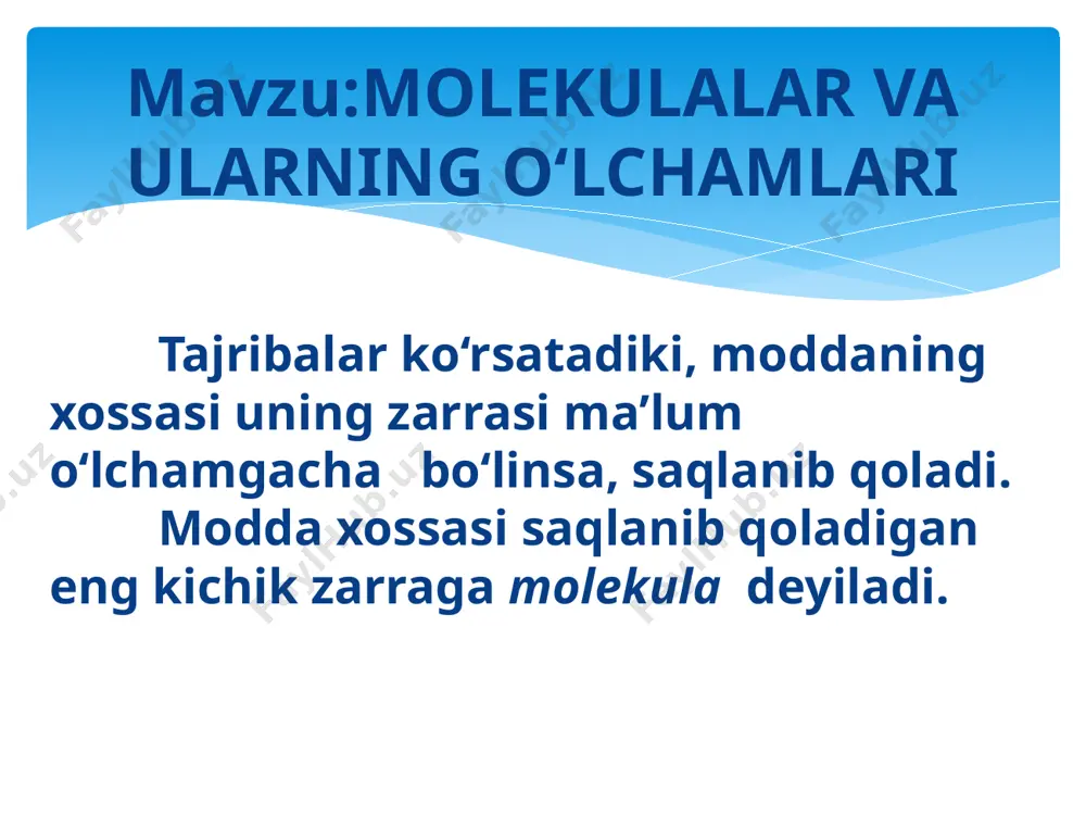 . kengroq idishga suv quyib, unga shkalaga ega bo‘lgan tomizg‘ichdan bir tomchi yog‘ tomizaylik. shunda yog‘ tomchisi suyuqlik sirti bo‘ylab yoyilib ketadi. chunki eng ustki qatlamdagi molekulalar «toyib» ketib yoniga, undan keyingi atlamdagilar ham xuddi shunday yoniga tushib yoyiladi u holda uning o‘lchamlarini qanday qilib o‘lchaymiz? degan savo; tug’iladi oxirida faqat bitta qatlam qoladi. yoyilgan yog‘ tomchisi doira shaklida bo‘lsa, uning diametri o‘lchanib, yuzasi s hisoblanadi (5- rasm). bitta tomchining hajmini aniqlash uchun tomizg‘ichdan 1 sm3 hajmdagi suyuqlik alohida idishga tomizilib, tomchilar soni aniqlanadi. tomchining hajmi 1 sm3 ni tomchilar soniga bo‘lib topiladi yoyilgan tomchi hajmi v =d ·s ga teng bo‘lganligidan yog‘ qatlamining qalinligi bo‘ladi. bundan qatlam qalinligi yoki molekula diametri hisoblab ko‘rilsa, d = 0,0000002 mm ga teng bo‘ladi. hozirgi zamon usullari bilan o‘lchangan molekulalar diametrlari ham shu tartibda ekanligi aniqlangan. bu raqamning kichkinaligini quyidagi misolda ko‘rish mumkin. bir dona vodorod molekulasini kattalashtirib, olma ko‘rinishiga olib kelinsa, yer …