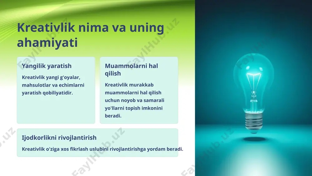 arga jalb qilish. 3 qo'llab-quvvatlash talabalarga muammolarni hal qilish va yangi g'oyalarni ishlab chiqishda yordam berish. 4 baholash talabalarni kreativligi va ijodkorligini baholash uchun turli xil usullarni qo'llash. kreativlik va ta'lim jarayoni ta'lim maqsadlari kreativlik o'quv materiallari yangi va qiziqarli materiallar o'quv usullari interaktiv va amaliy usullar baholash talabalarning ijodkorligini va originalligini baholash kreativlikni rivojlantirish bo'yicha amaliy tavsiyalar g'oyalarni ishlab chiqish talabalarga yangi g'oyalarni topish va ularni rivojlantirish uchun vaqt bering. o'yin va faoliyat talabalarni o'yinlar va faoliyatlar orqali kreativlikni rivojlantirishga undang. savol berish talabalarga "nima bo'lsa edi?" kabi ochiq savollarni bering. xato qilishdan qo'rqmaslik talabalarga xato qilishdan qo'rqmaslik va tajriba o'tkazishga ruxsat bering. kreativ yondashuvlar asosida dars ishlanmalari raqamli san'at talabalarga raqamli san'at dasturlari yordamida ijodkorlikni rivojlantirish imkoniyatini bering. teatr talabalarni teatr faoliyatiga jalb qiling, ularga rollarni ijro etish va ijodkorlik bilan sahna bezaklarini yaratish imkoniyatini bering. xulosa va takliflar kreativlik o'qituvchi va talabaning o'zaro hamkorligini kuchaytirishga yordam beradi. …