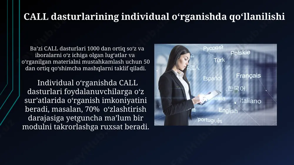 qilish imkoniyati mavjud. dasturlarning afzalliklari va kamchiliklari interaktiv mashqlar va o'yinlar orqali til o'rganish samaradorligini 20% ga oshirish mumkin, biroq ba'zi dasturlar qo'llab-quvvatlovchi materiallarga ega emas. ba'zi dasturlar 50 dan ortiq tilni o'rganish imkoniyatini beradi, ammo ularning ba'zilari faqatgina cheklangan grammatik tuzilmalarni o'z ichiga oladi. dasturlarni tasniflash dasturlarni o'quv maqsadlariga (masalan, grammatika, lug'at boyitish, so'zlashuv ko'nikmalarini rivojlantirish) ko'ra 3 ta asosiy toifaga bo'lish mumkin, har bir toifada 5-10 tadan turli xil dasturlar mavjud. dasturlarni interfeys turiga qarab (masalan, veb-asoslangan, mobil ilovalar, stol usti dasturlari) tasniflash, foydalanuvchilarga 2 dan ortiq variantni taqdim etish imkonini beradi, bu esa umumiy sonini 15 ga yetkazishi mumkin. call dasturlarining ta’limiy muassasalarga integratsiyasi call dasturlarining samarali integratsiyasi uchun o'qituvchilarga kamida 20 soatlik maxsus treninglar, shuningdek, zamonaviy texnologiyalar bilan jihozlangan 15 dan ortiq kompyuter xonalari kerak. muvaffaqiyatli integratsiya uchun call dasturlarining turli xil o'quv uslublari va yosh guruhlari ehtiyojlariga moslashuvchanligi, shuningdek, kamida 5 ta turli xil dasturiy …